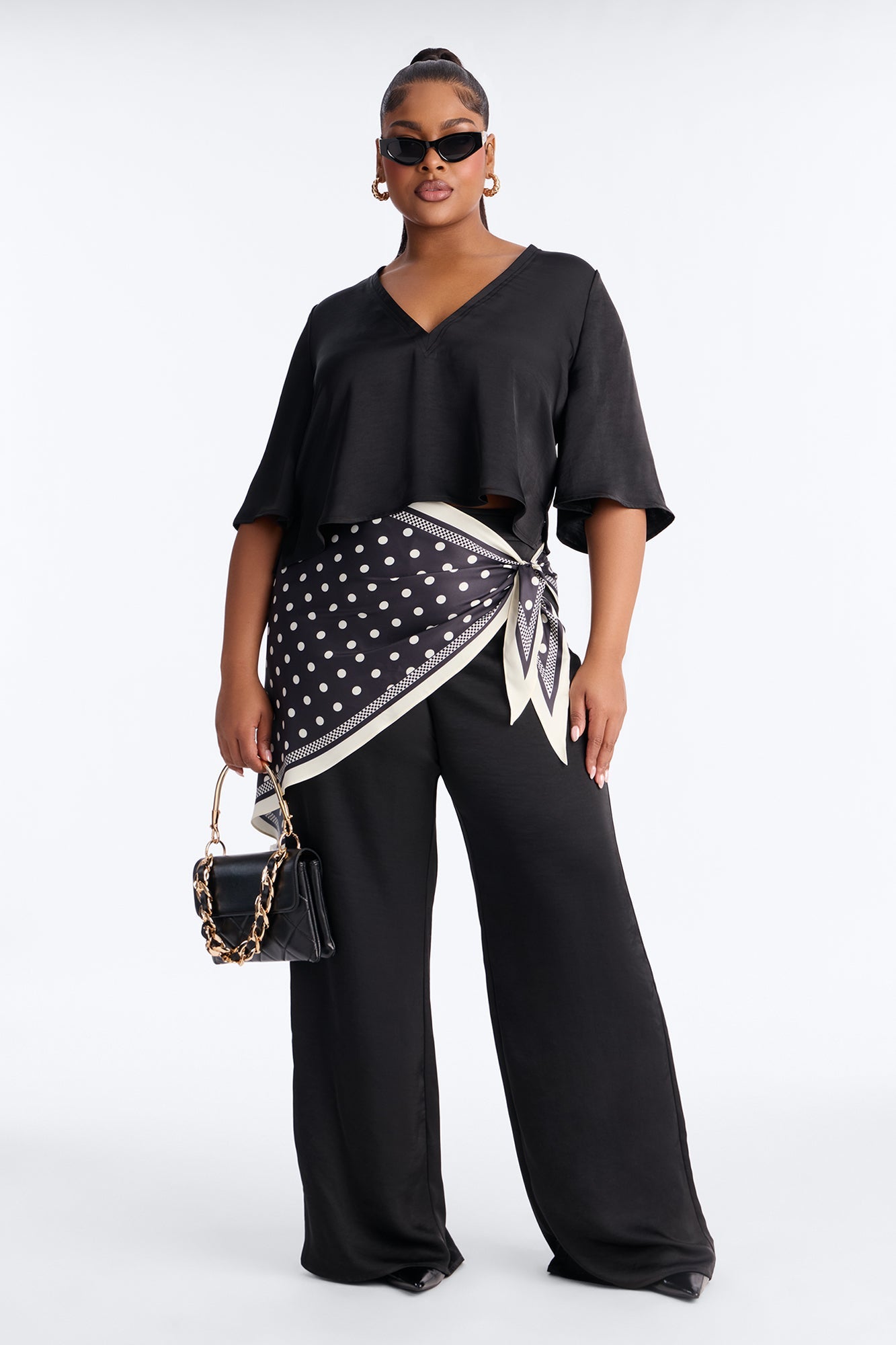 Shay Satin 3 Piece Scarf Pant Set - Black
