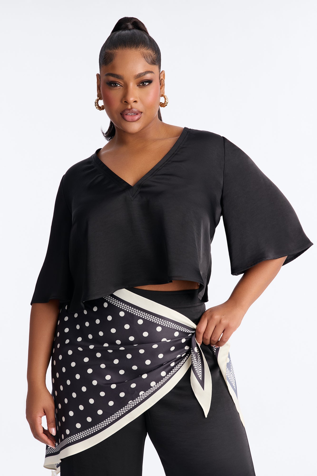 Shay Satin 3 Piece Scarf Pant Set - Black
