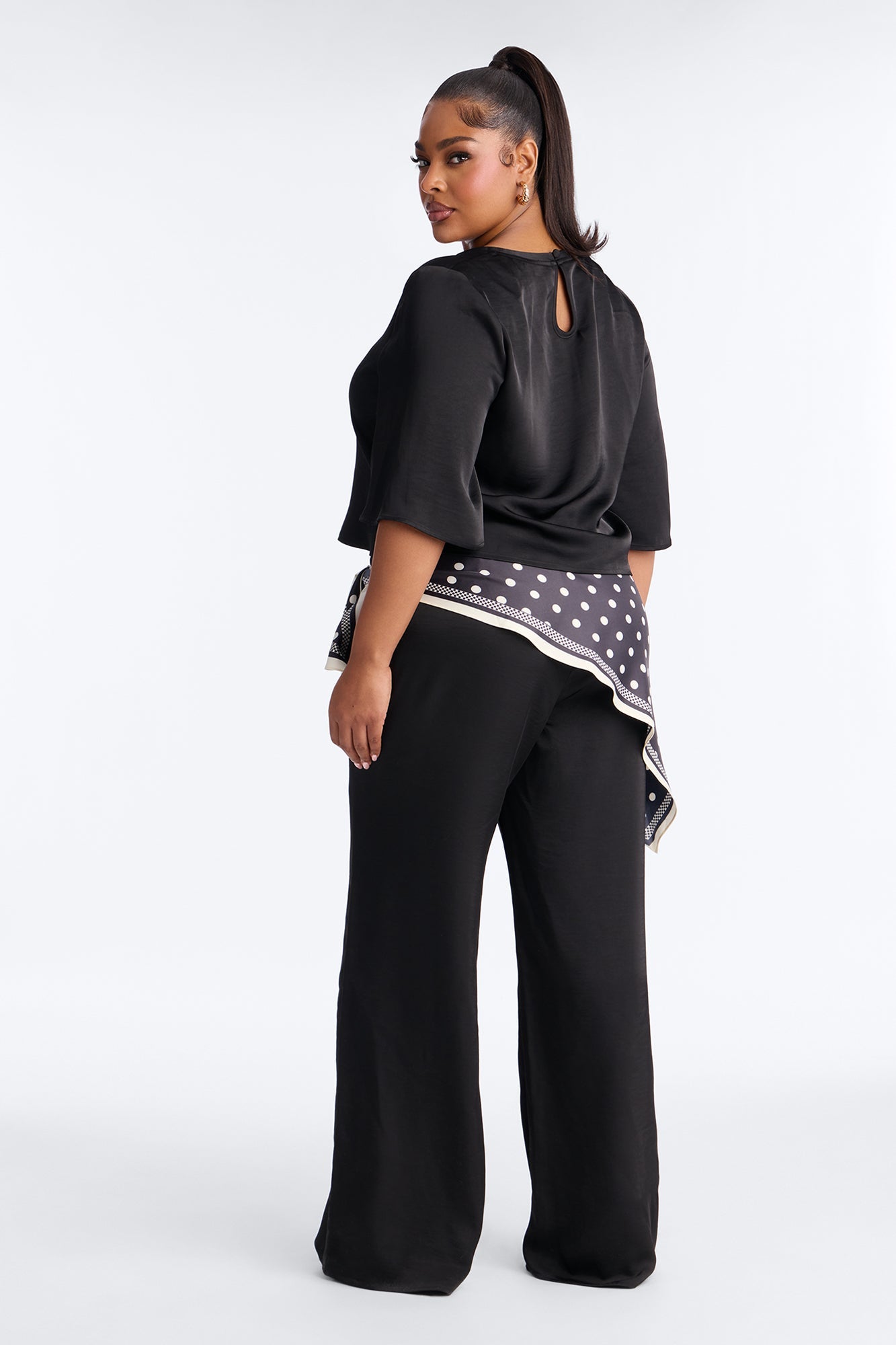 Shay Satin 3 Piece Scarf Pant Set - Black