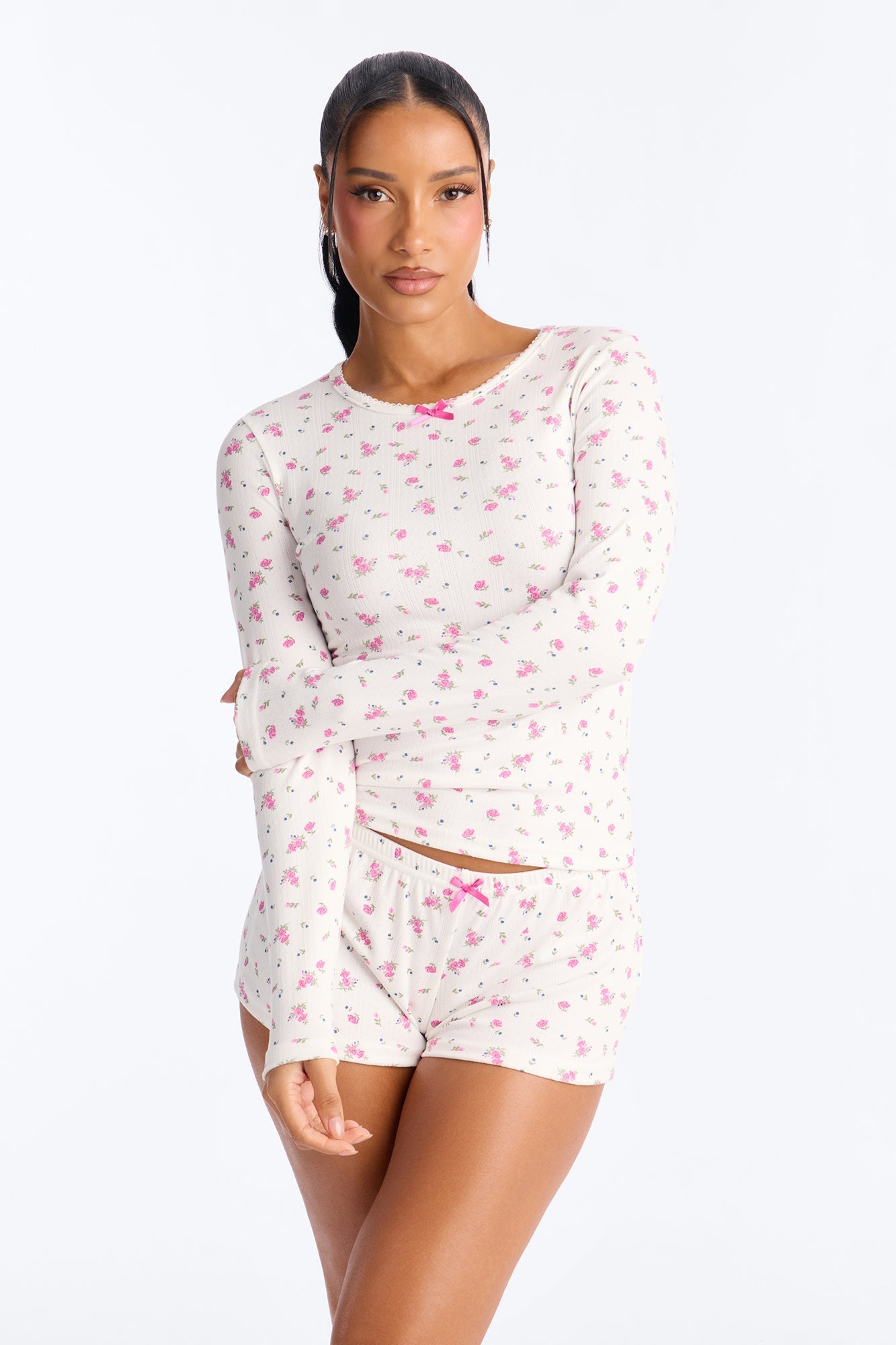 Dreamy Flowers Pointelle Long Sleeve PJ Short Set - White/Pink