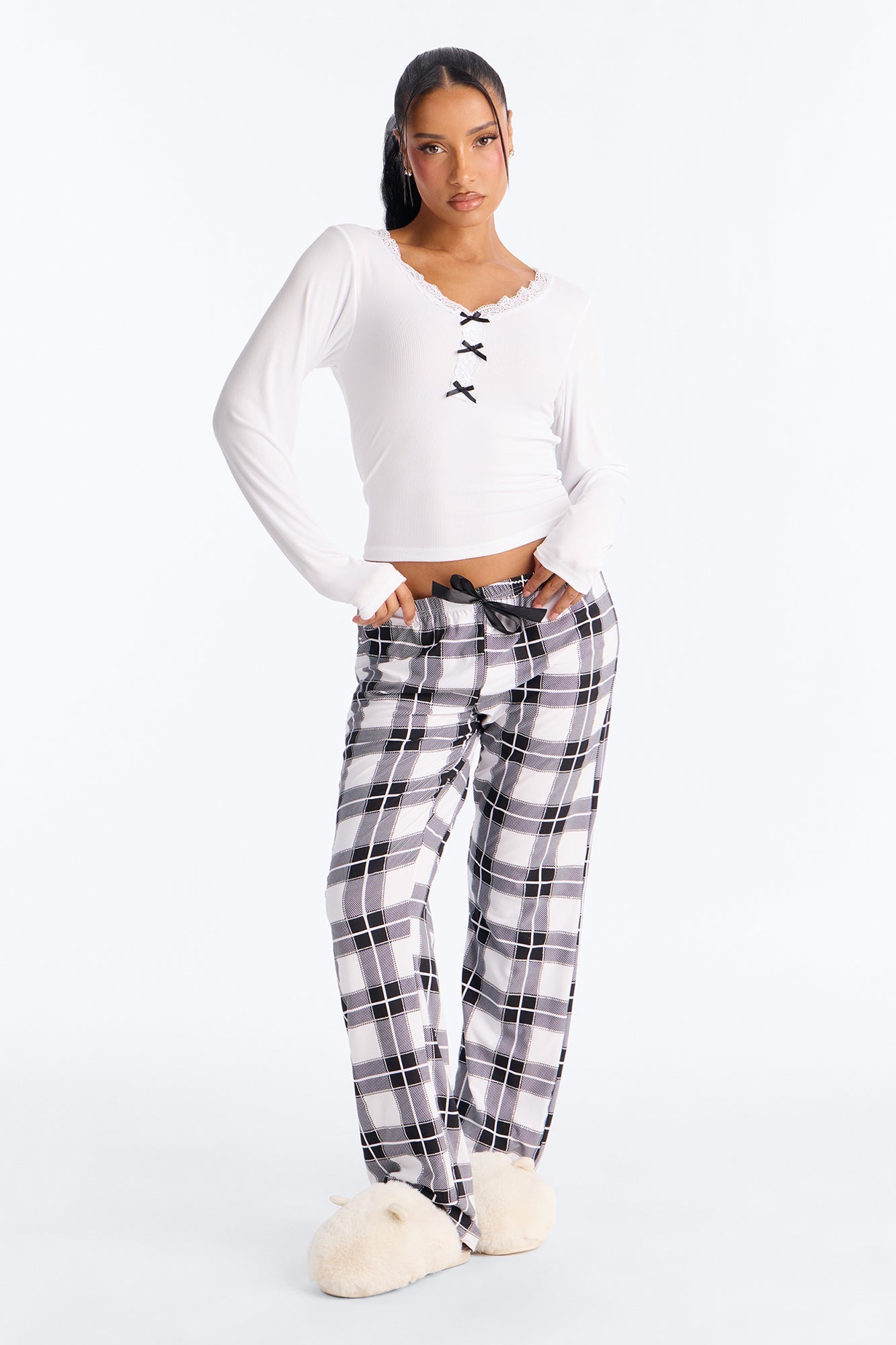 Thinking Of You Long Sleeve PJ Pant Set - White/Black