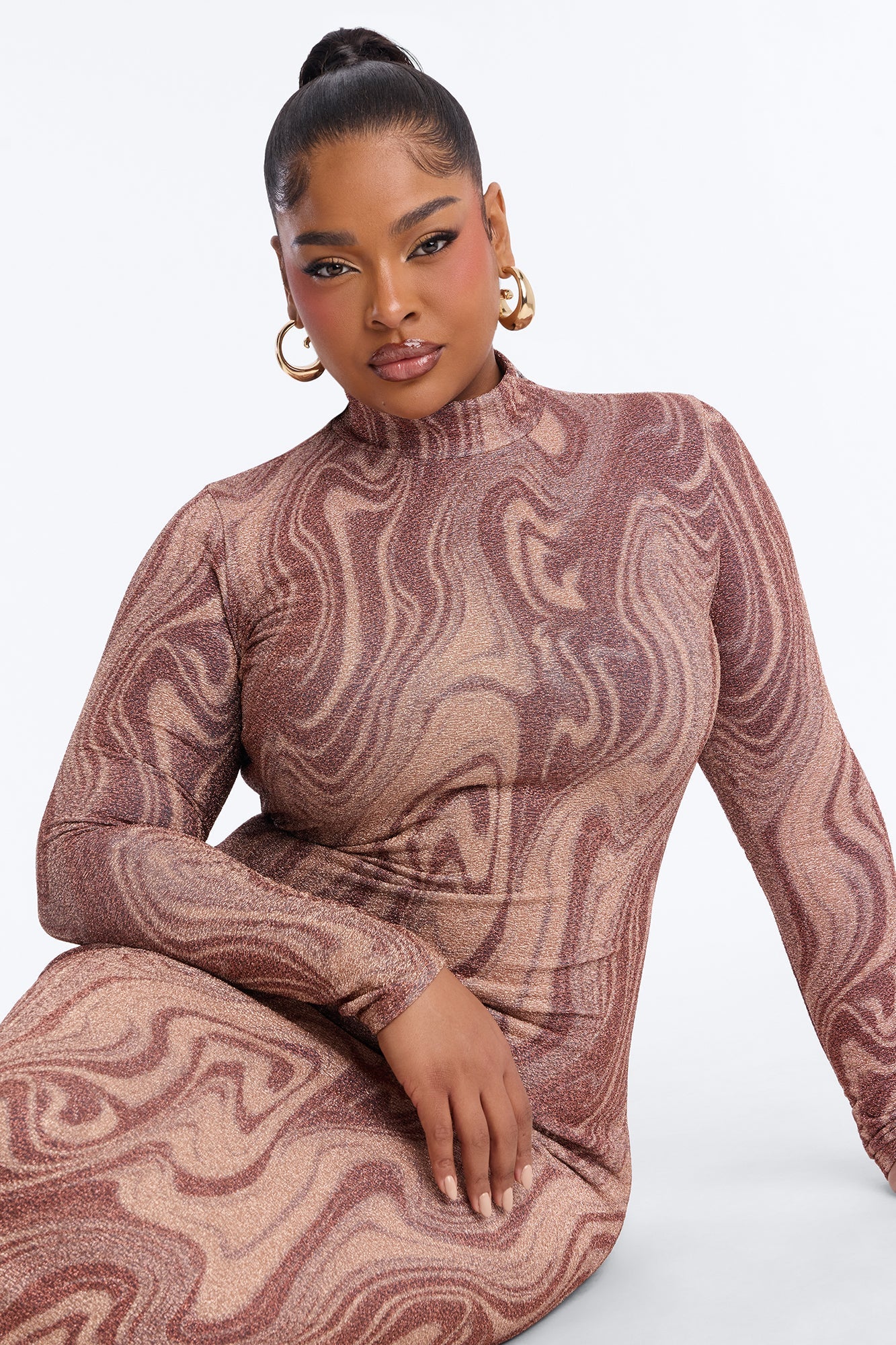 Mandy Long Sleeve Metallic Midi Dress - Bronze