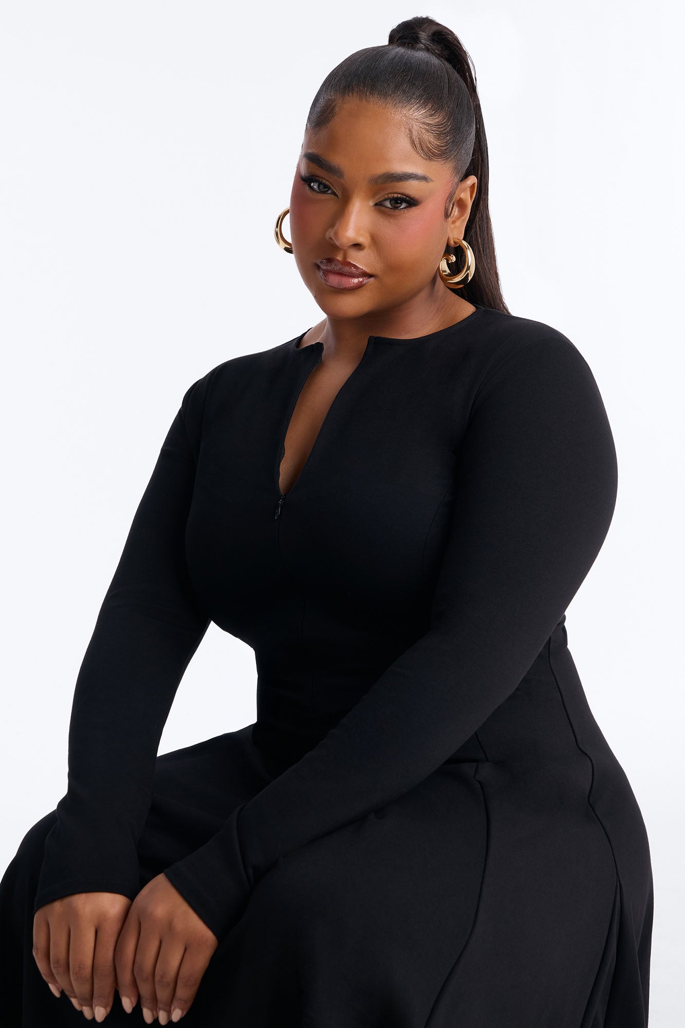 Elliana Zip Pleated Midi Dress - Black