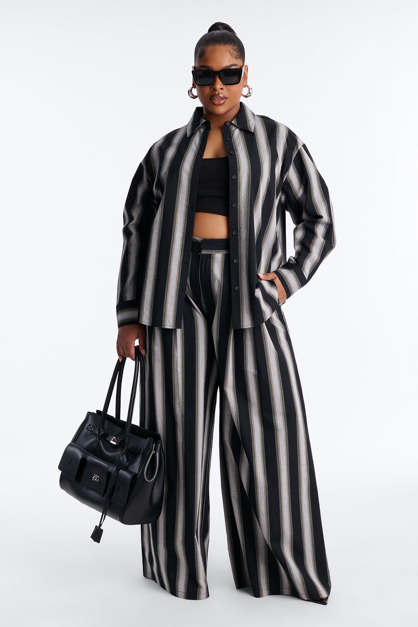 Rina Poplin Striped Pant Set - Black/combo