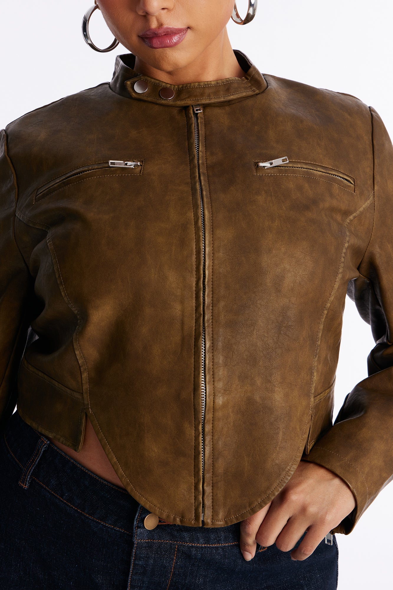 Ines Washed Faux Leather Jacket - Olive