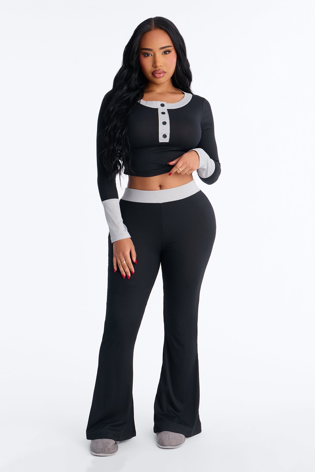 Still Napping Ribbed Long Sleeve PJ Pant Set - Black