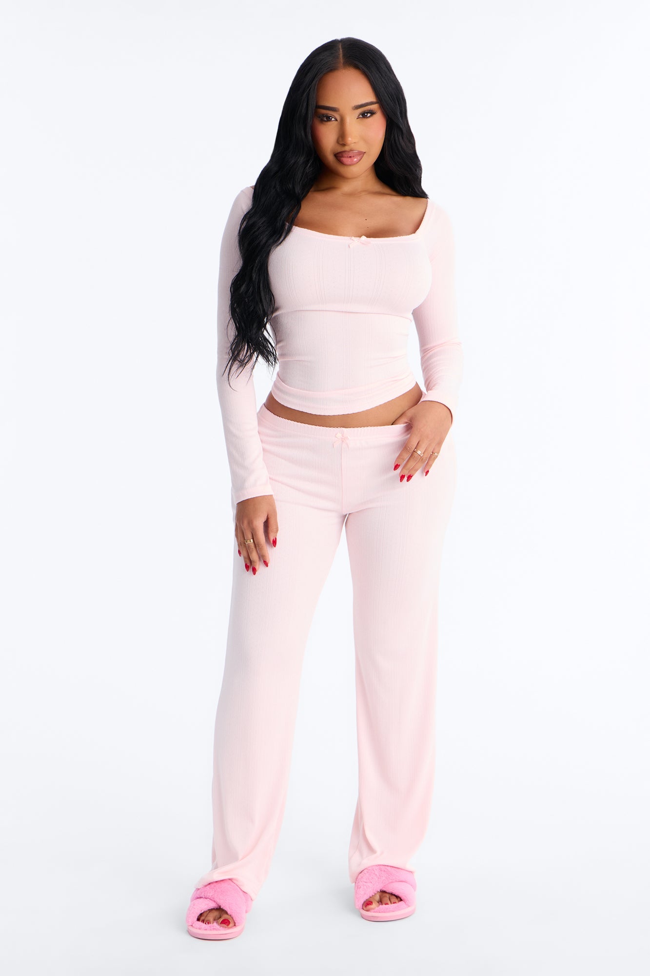 Romance Dreams Off Shoulder Pointelle PJ Pant Set - Light Pink