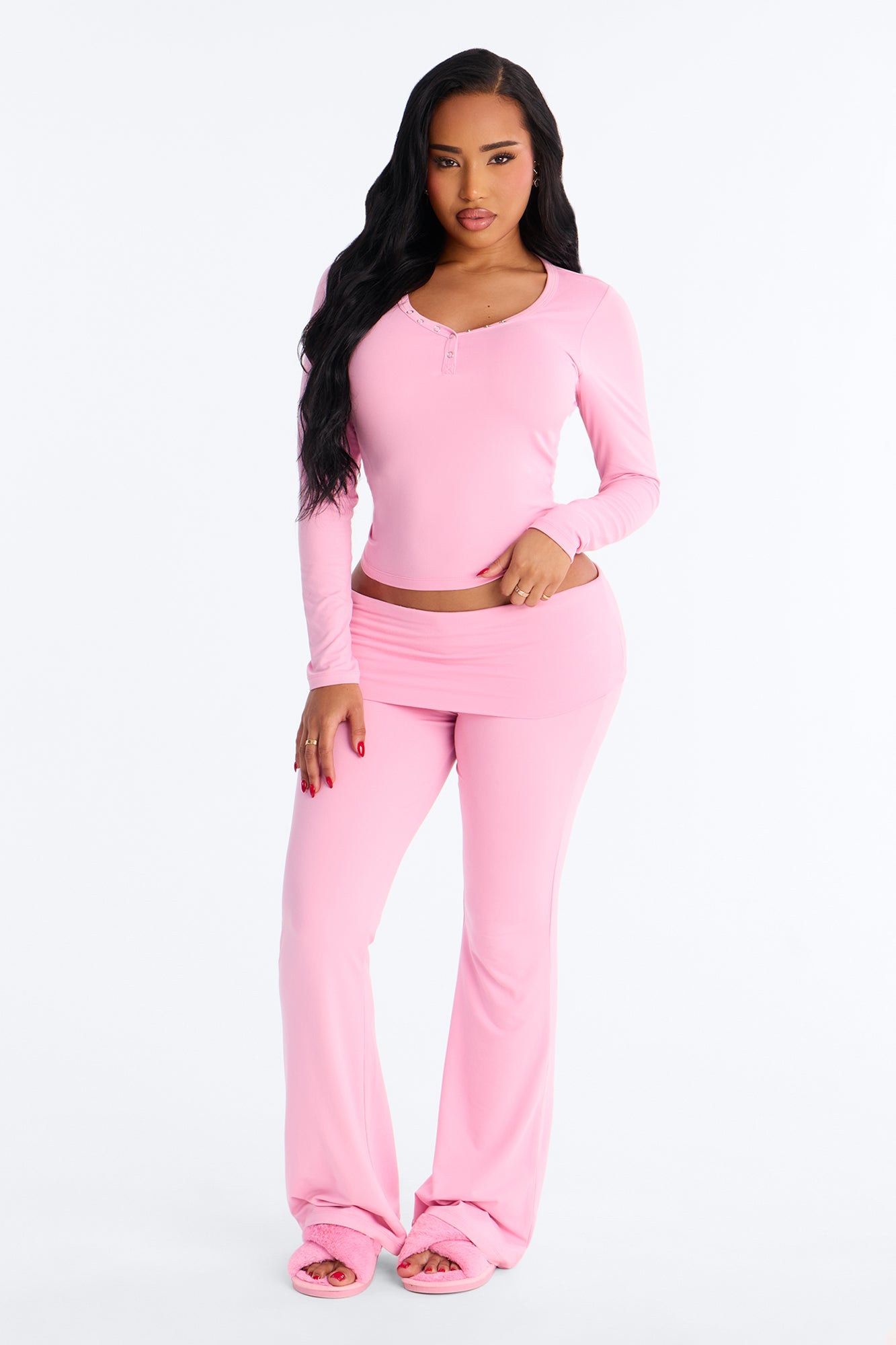 Sleepy Mood Long Sleeve Foldover Flare Leg PJ Pant Set - Pink