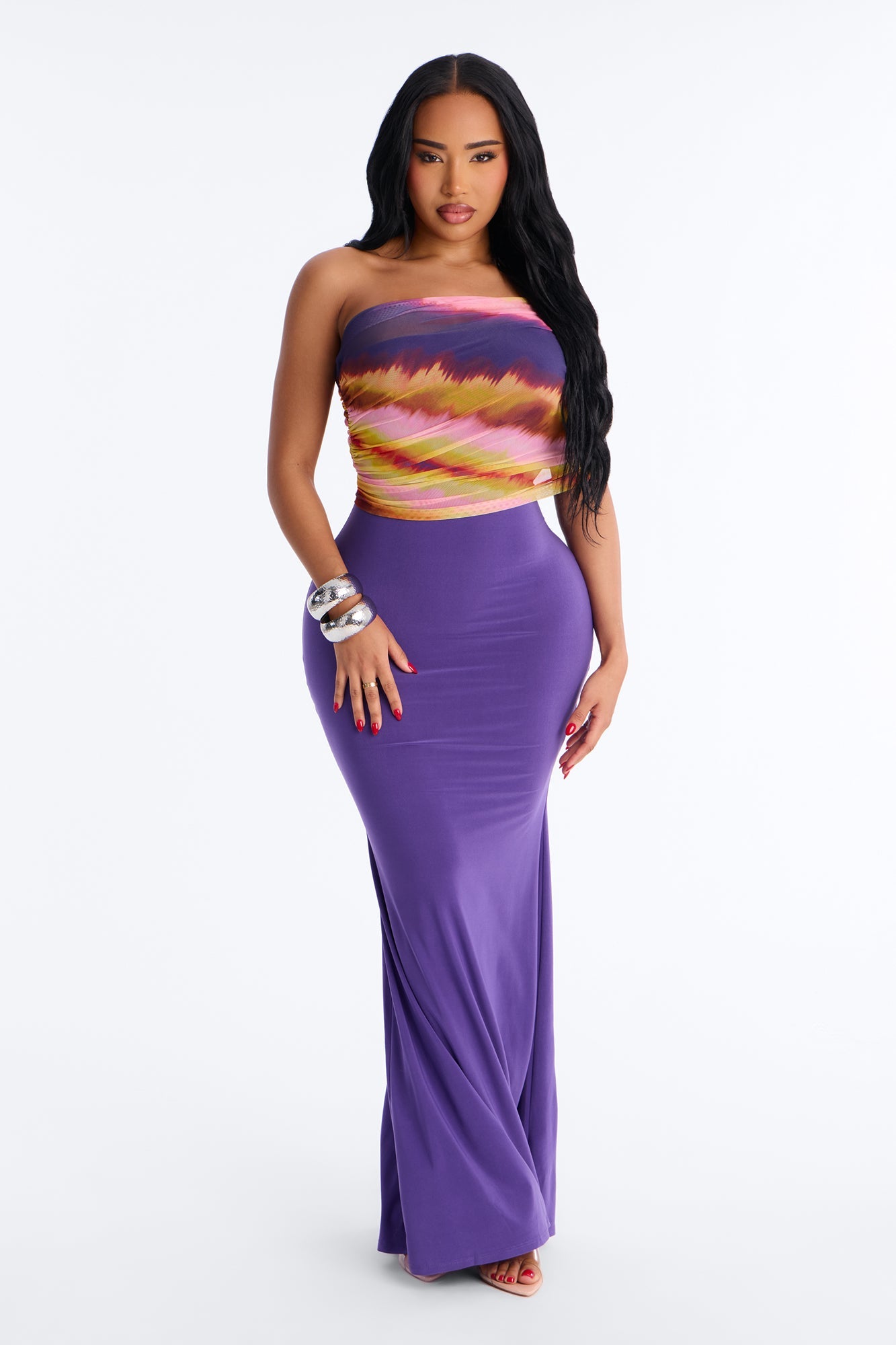 Amelia One Shoulder Maxi Dress Set - Plum/Multi