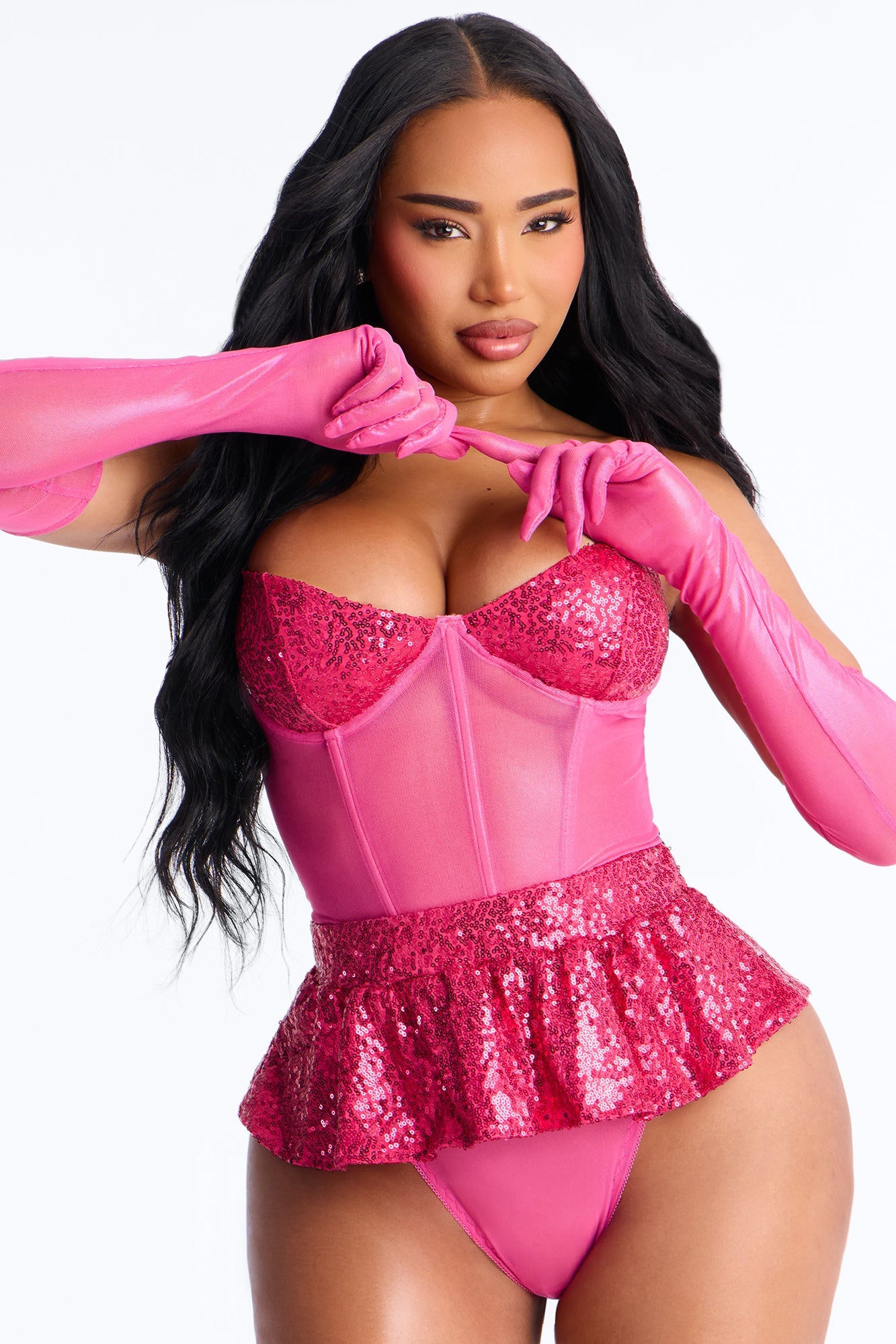 Show And Tell Shimmer Mesh Teddy With Skirt And Gloves - Fuchsia