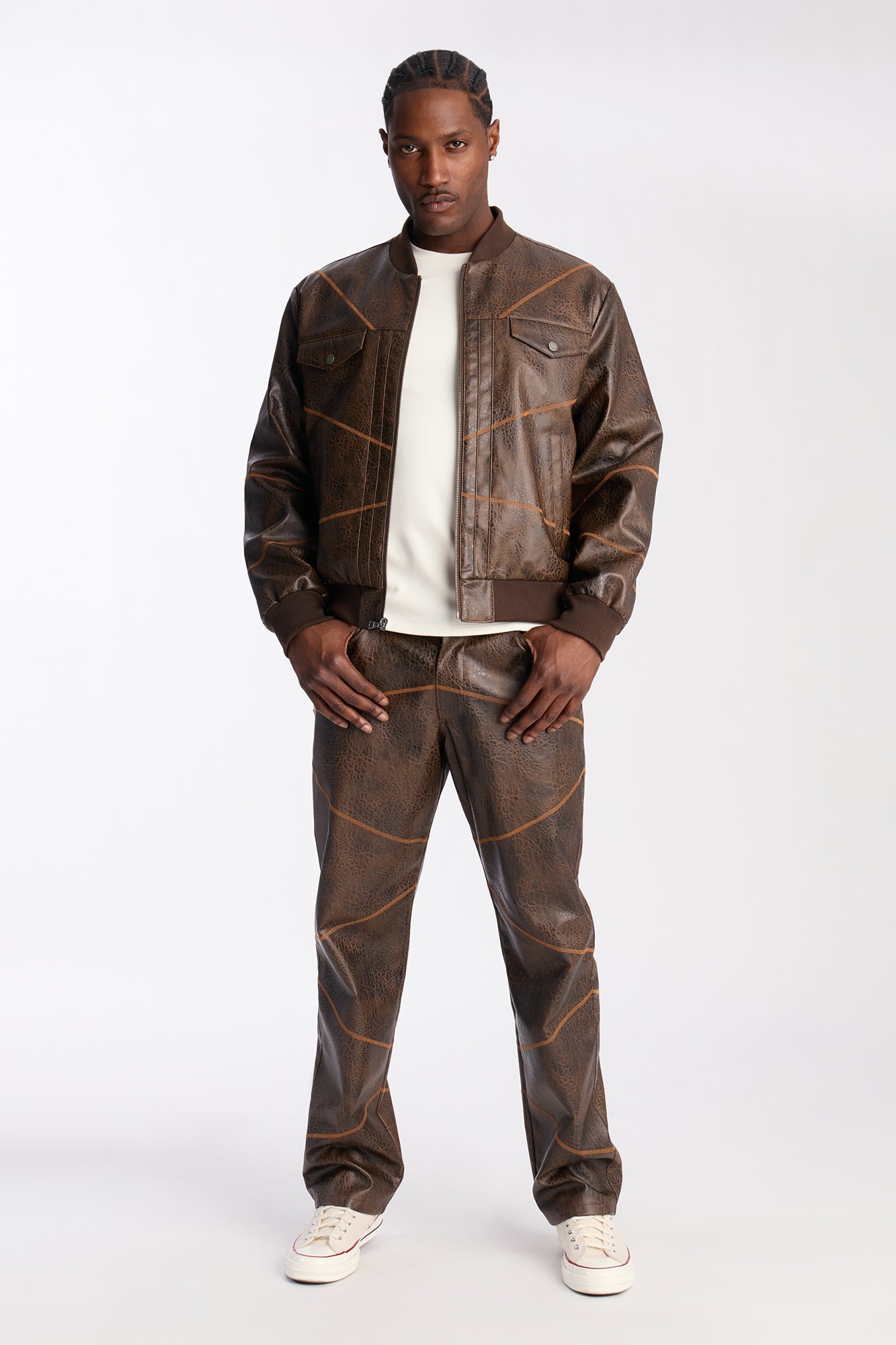 Straight Vintage Chainstitch Faux Leather Pant - Brown