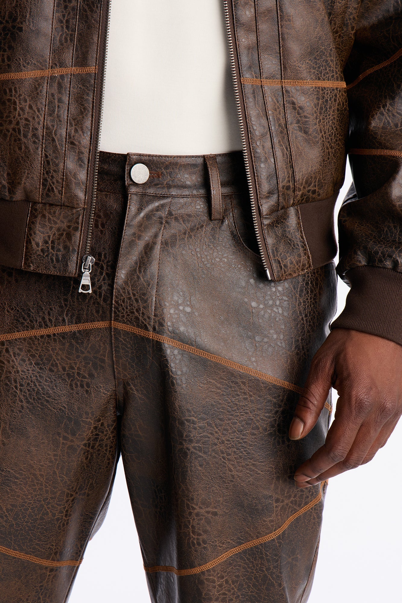 Straight Vintage Chainstitch Faux Leather Pant - Brown