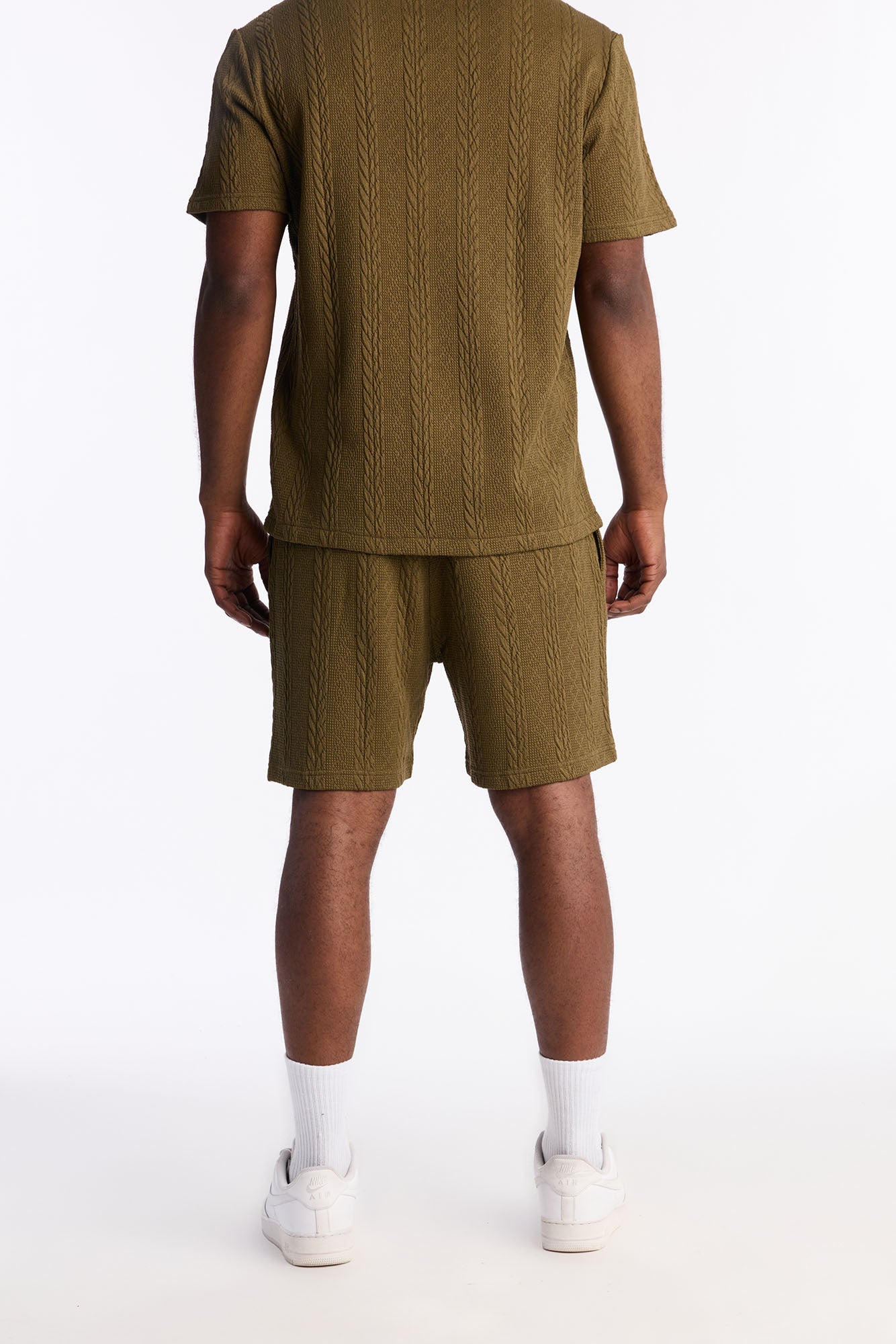 Textured Stripes Relaxed Drawstring Shorts - Olive