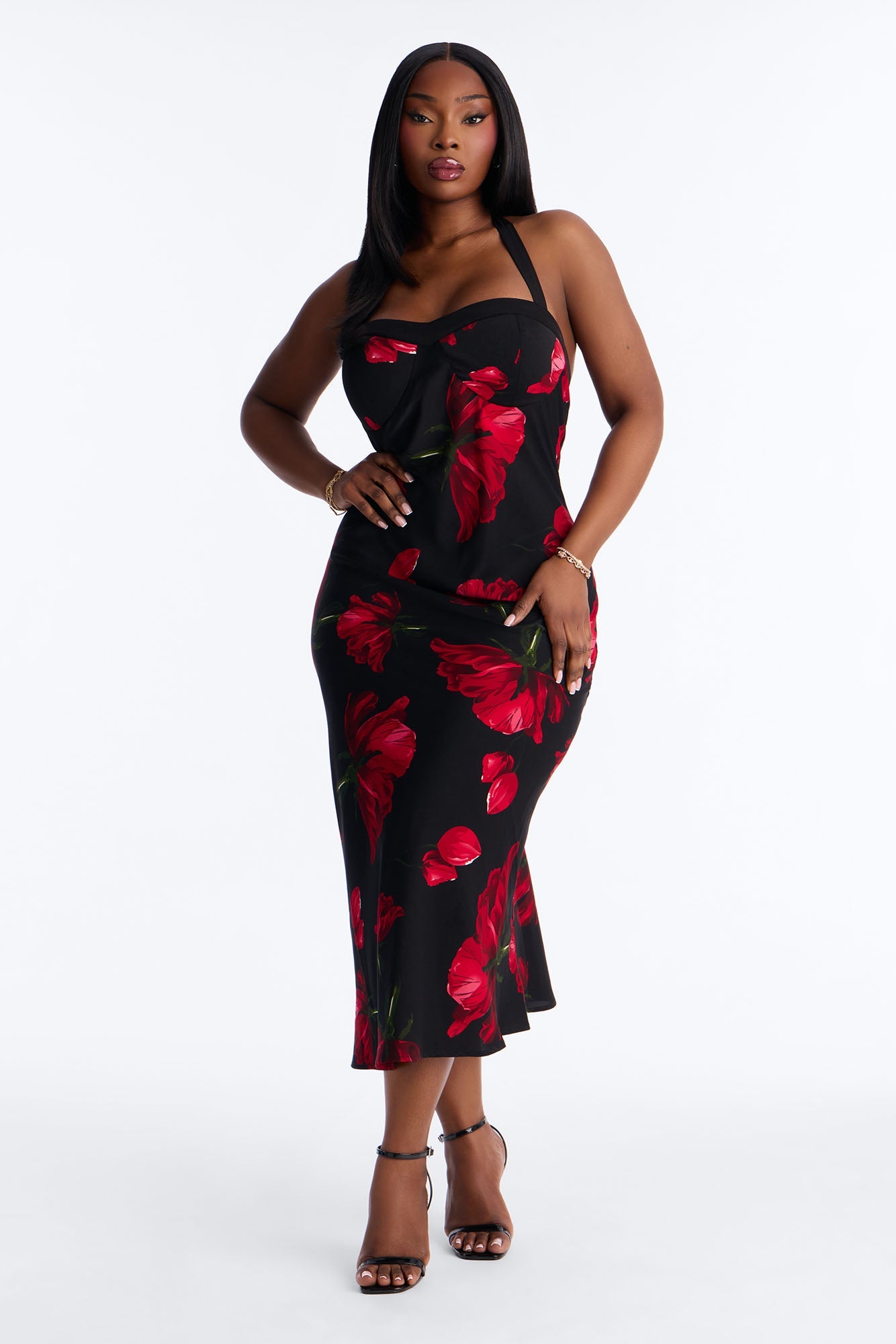 Petal Pretty Floral Satin Midi Dress - Black/Red