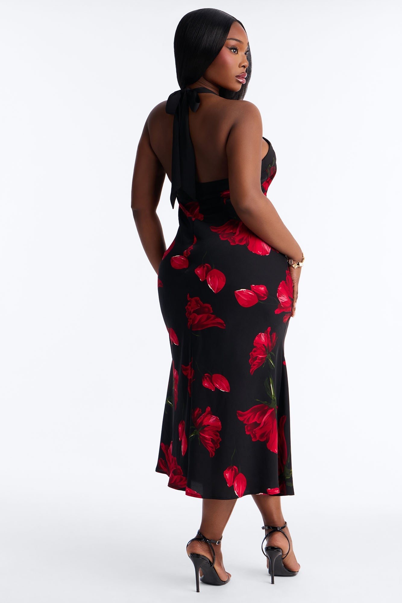 Petal Pretty Floral Satin Midi Dress - Black/Red