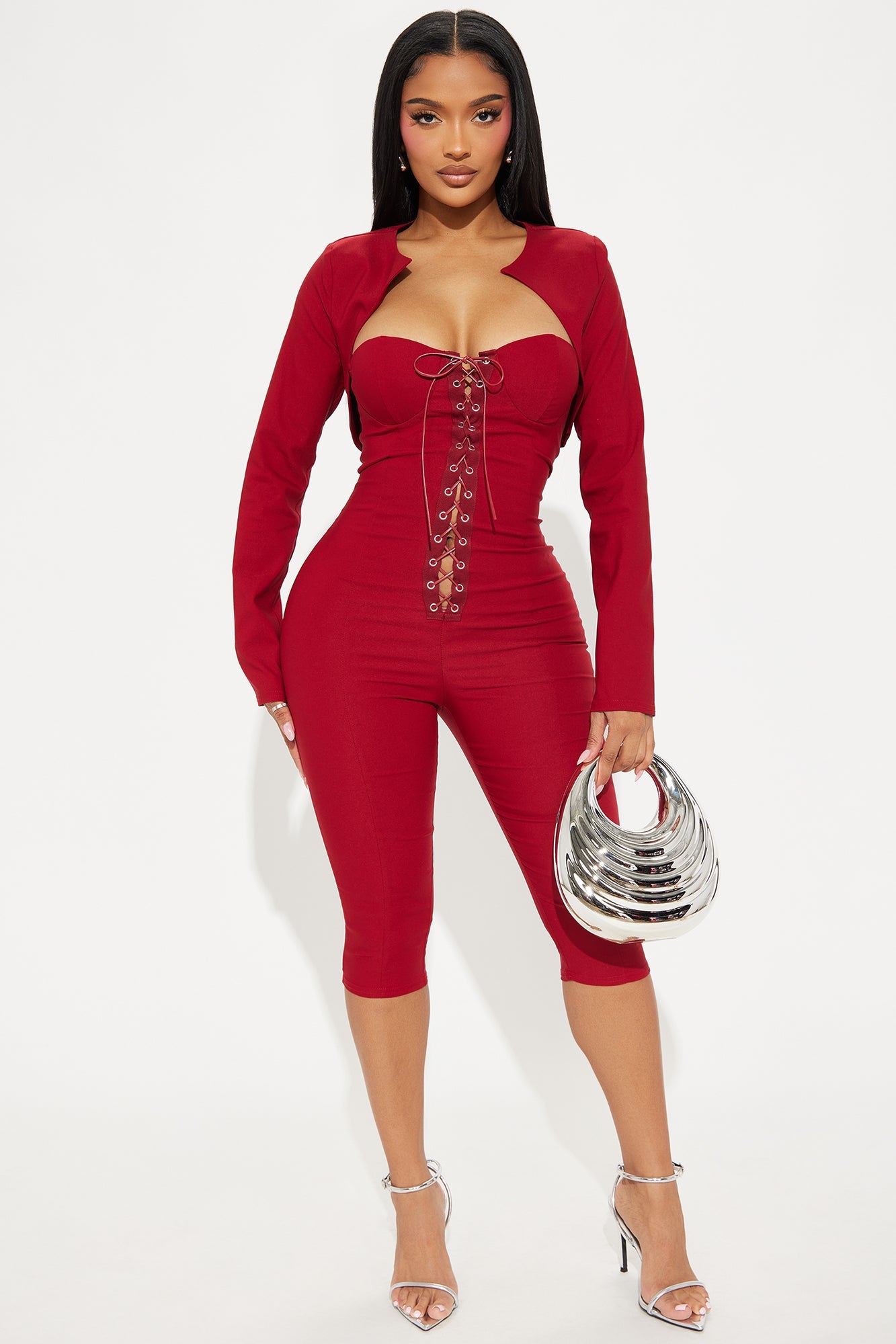 Gia Lace Up Capri Jumpsuit Set - Burgundy