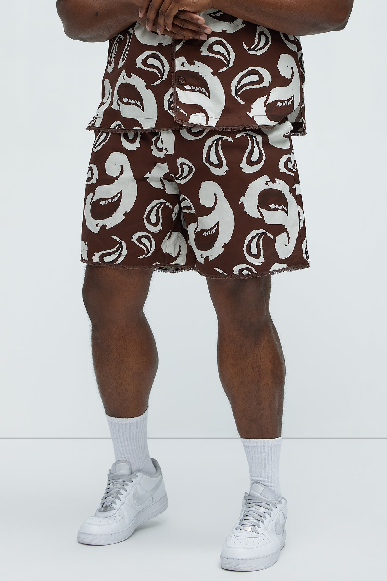 Paisley Print Frayed Shorts - Brown/combo