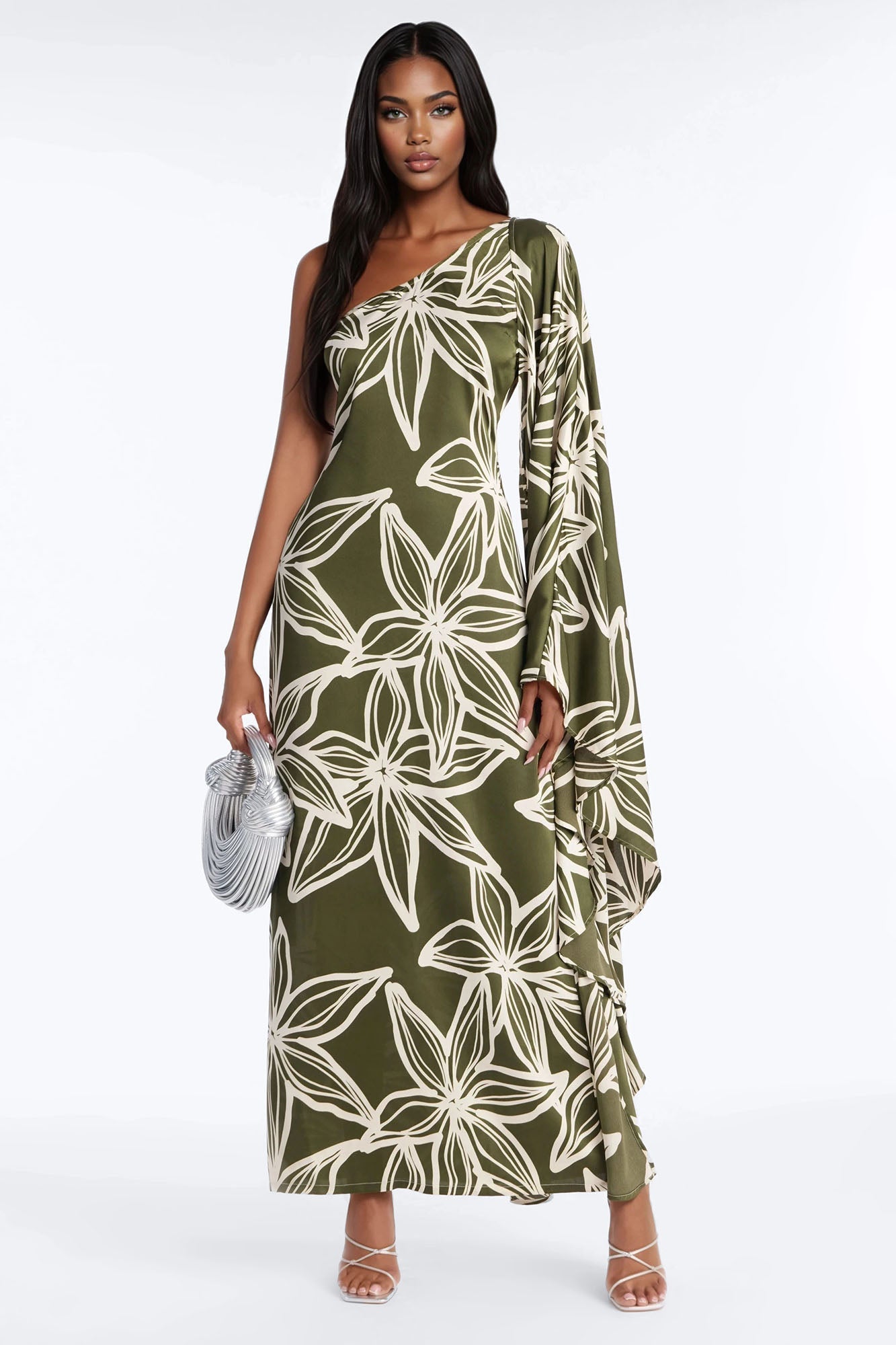 Maeve One Shoulder Satin Maxi Dress - Olive/combo