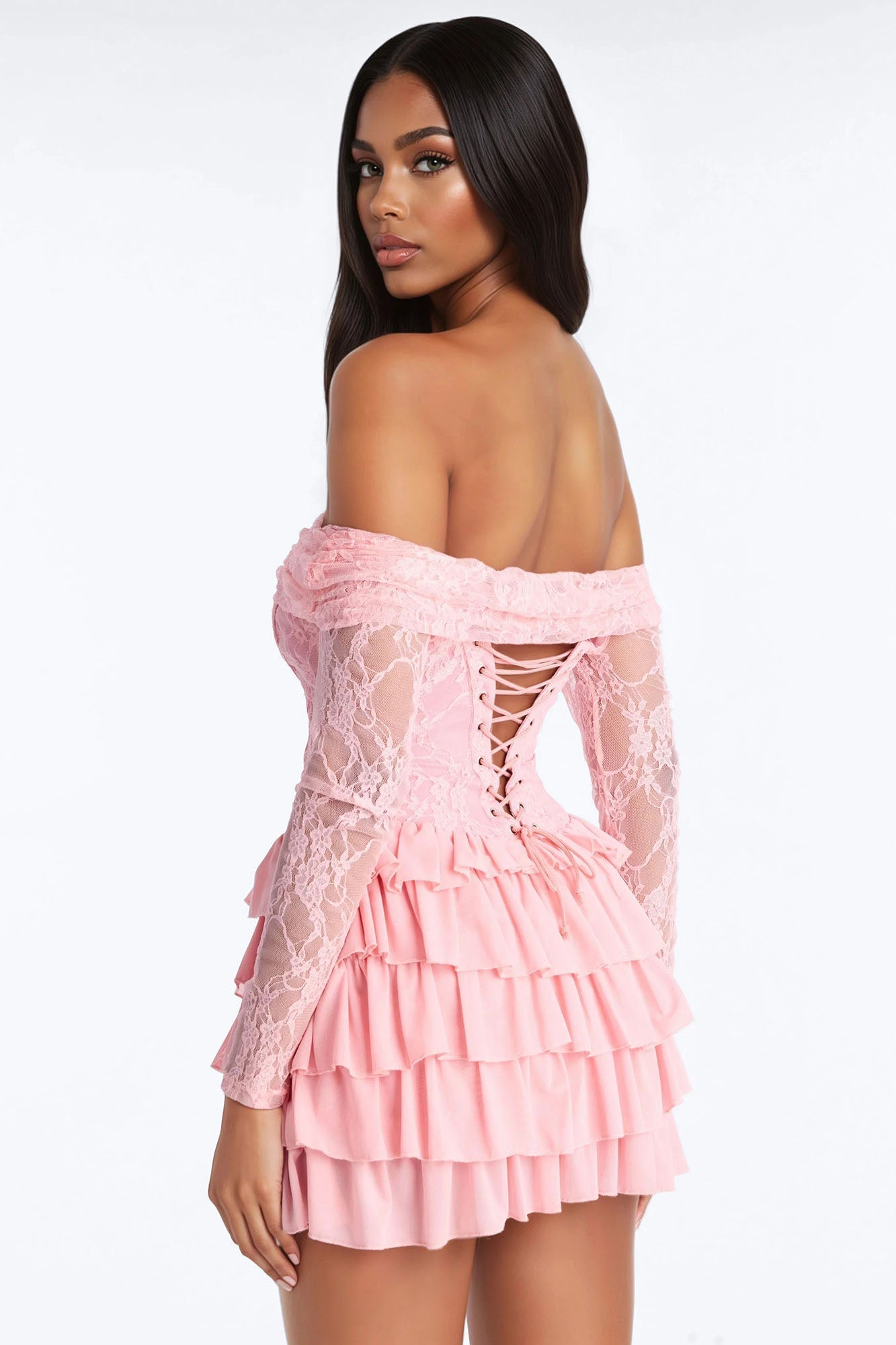 Elsie Ruffle Lace Mini Dress - Pink