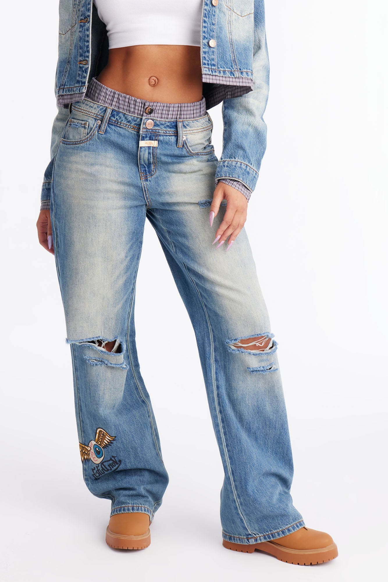 Von Dutch Plaid Boxer Wide Leg Jeans - Vintage Wash