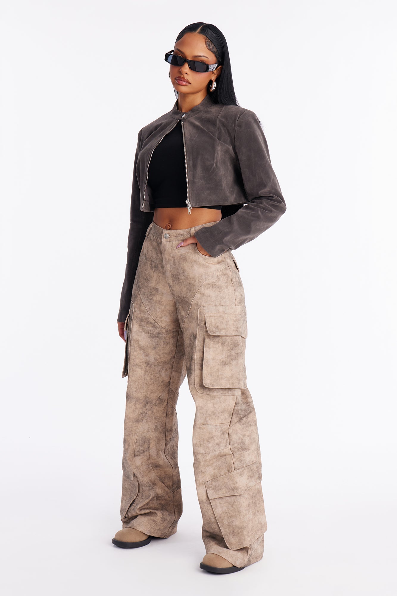 Bold Moves Washed Wide Leg Cargo Pant 33″ - Brown/combo