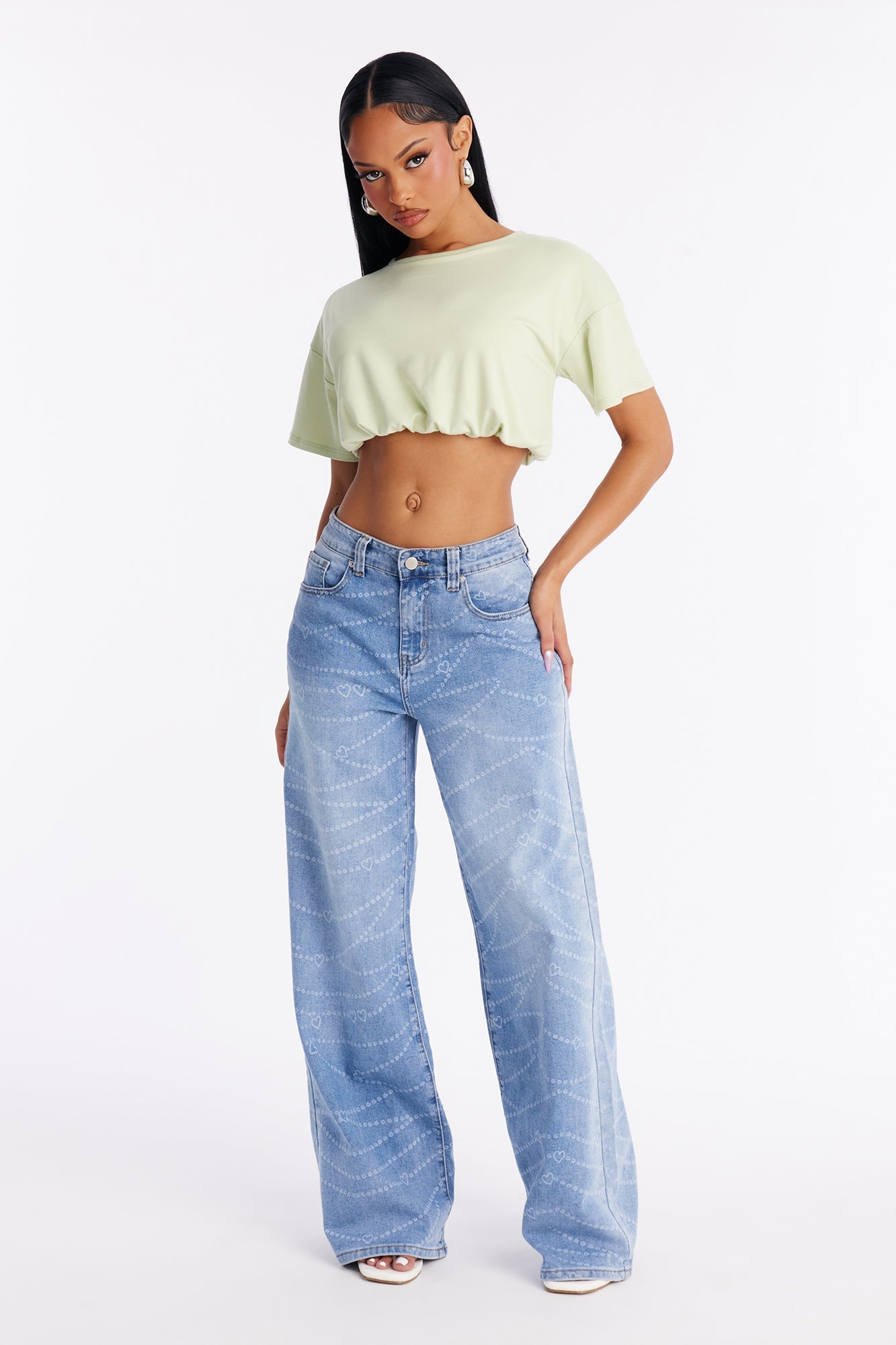 Heart In Chains Printed Wide Leg Jeans - Medium Wash