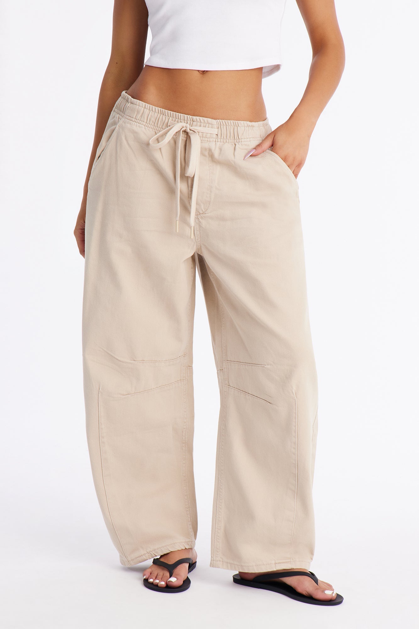 Vacay Moods Pull On Tie Waist Jeans - Khaki