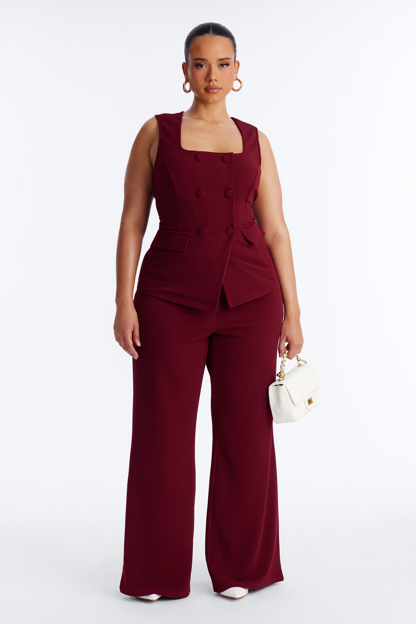Gelina Square Neck Wide Leg Jumpsuit - Wine