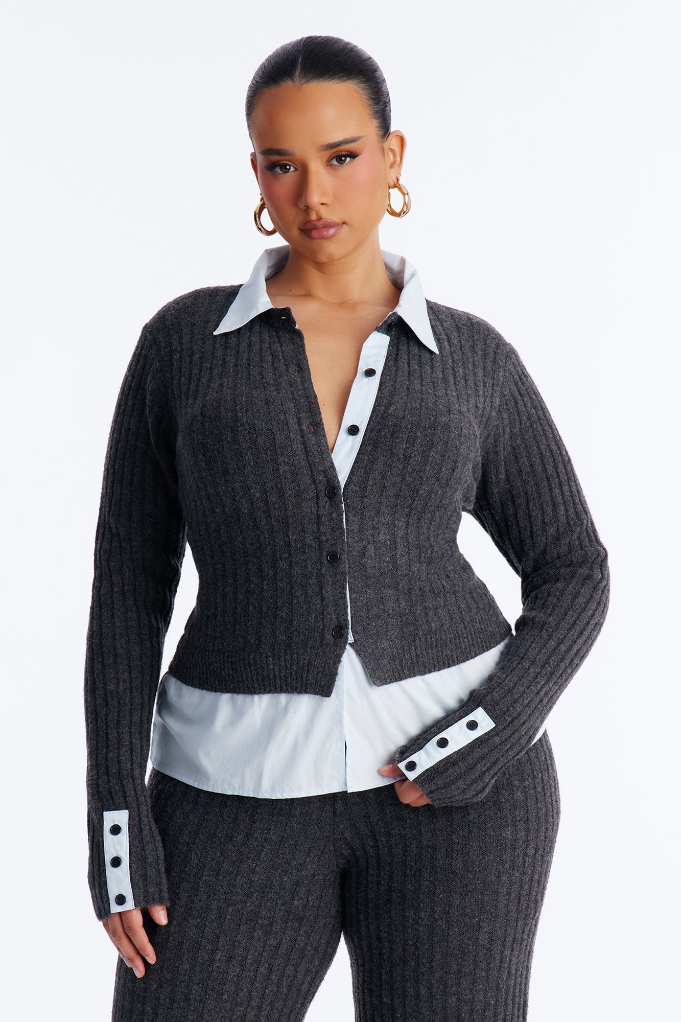 Lazy Monday Collar Sweater Wide Leg Pant Set - Charcoal