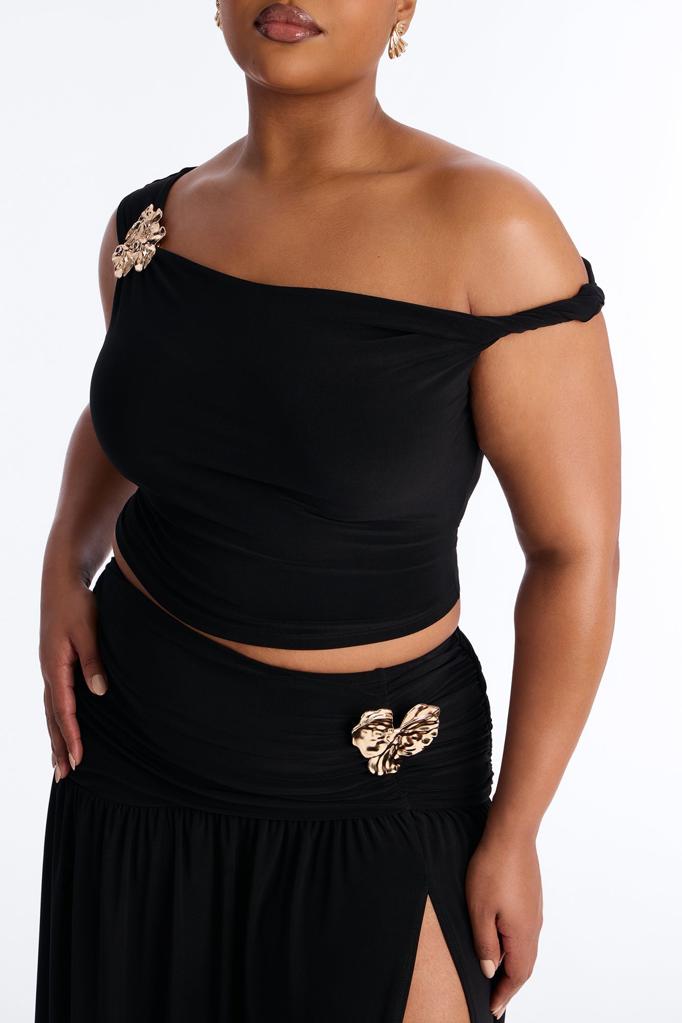 Marjorie Hardware Off Shoulder Maxi Skirt Set - Black