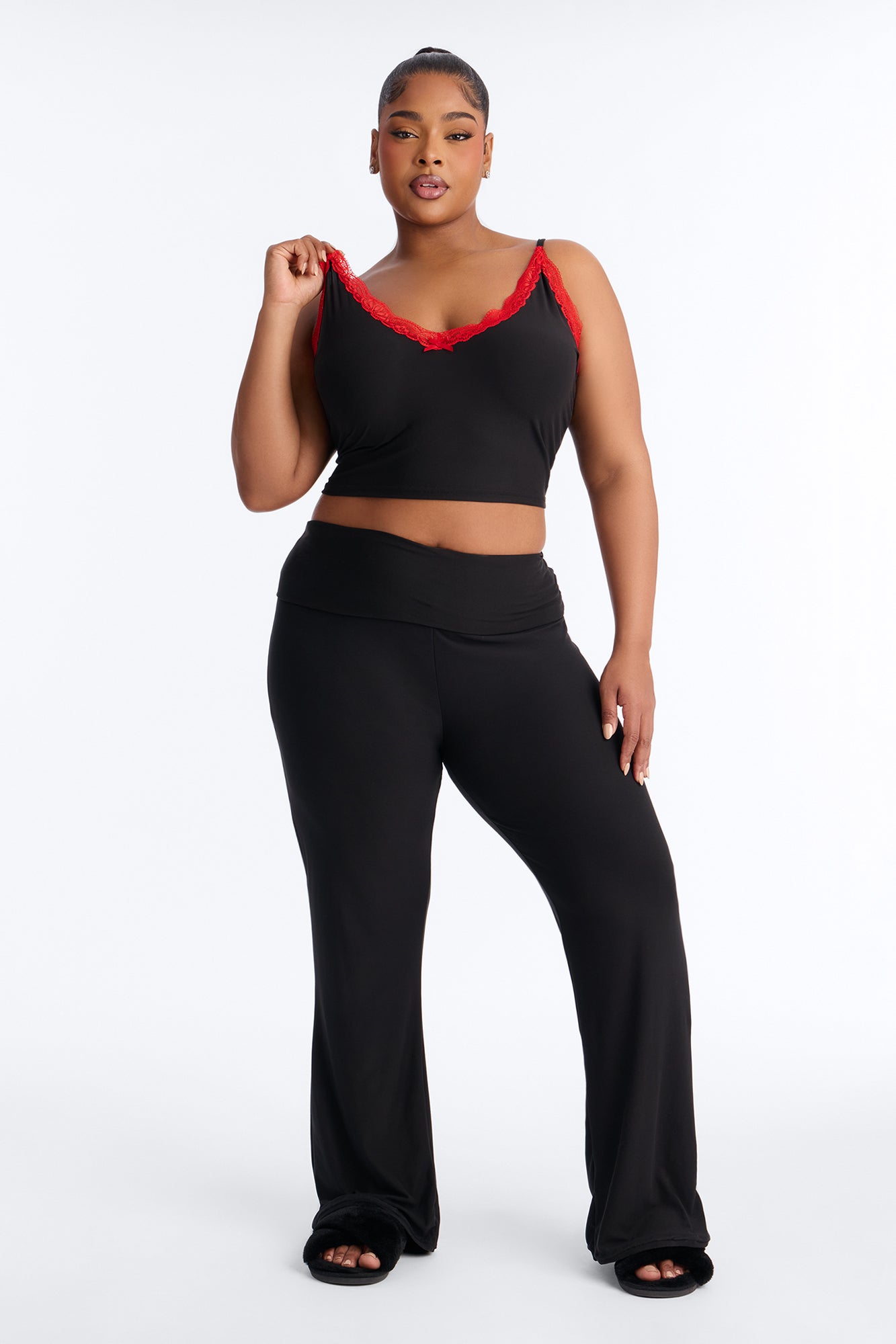 Always Sleeping Cami Fold Over Waist PJ Pant Set - Black/Red