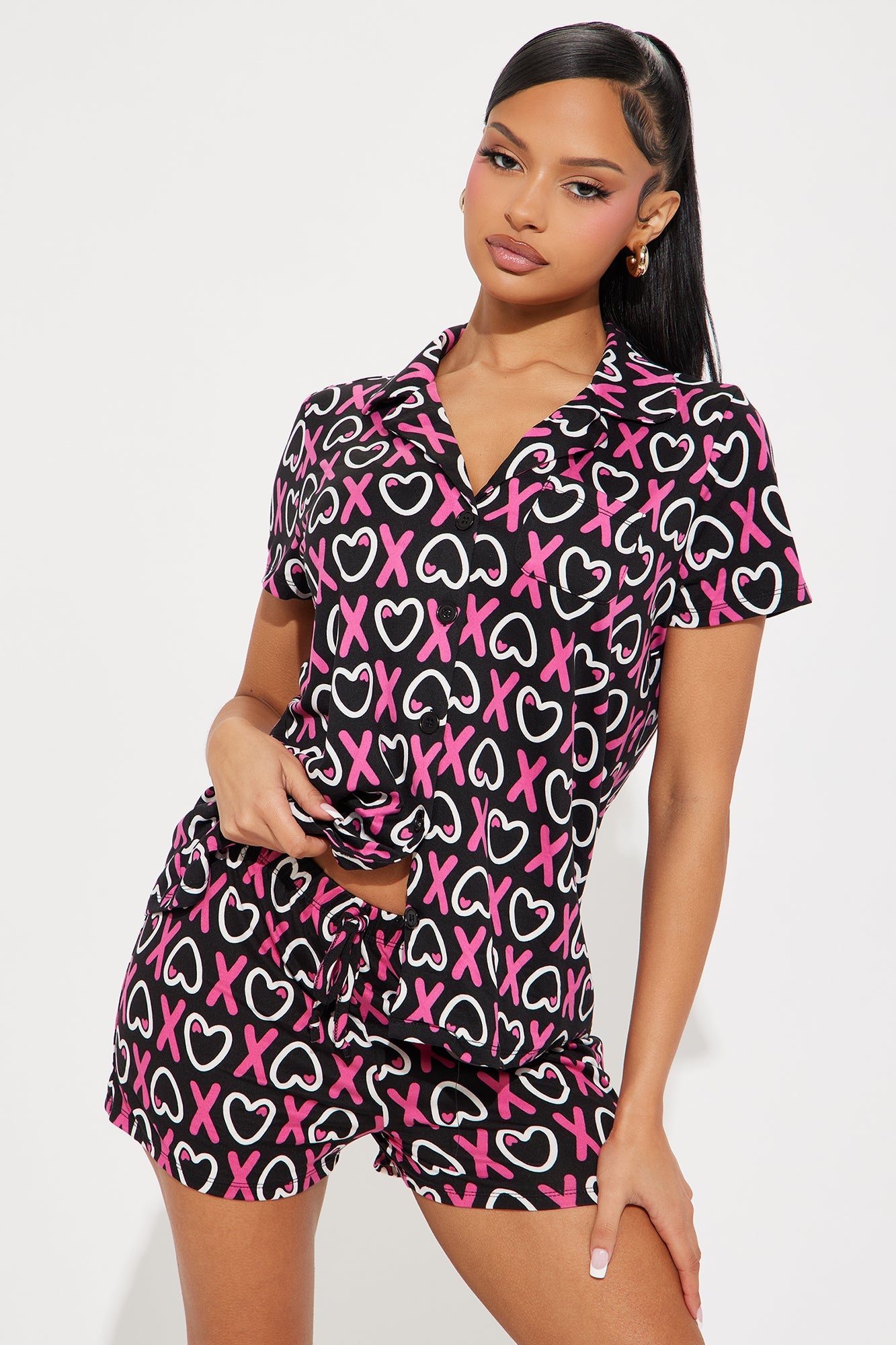 Hug And Kiss Me PJ Short Set - Black/combo
