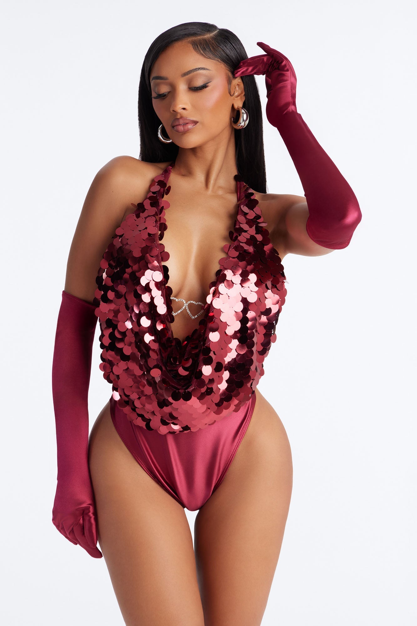 Cowl You Later Sequin Teddy Bodysuit With Gloves - Wine