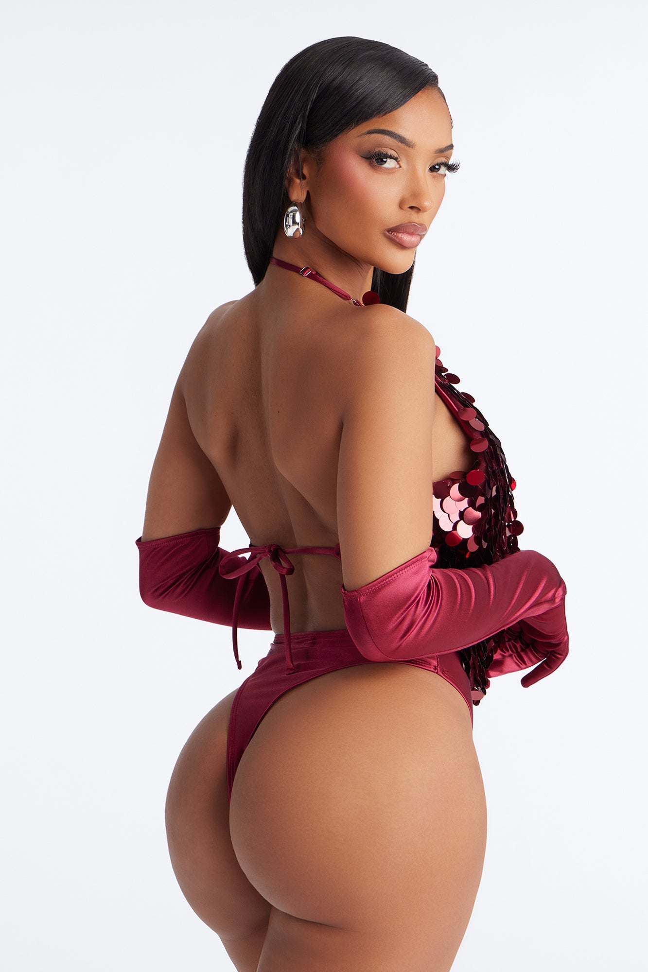 Cowl You Later Sequin Teddy Bodysuit With Gloves - Wine