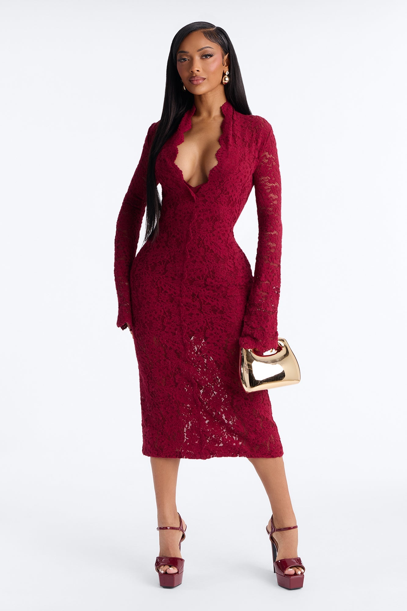 Lace Is More Long Sleeve Lace Midi Dress - Wine