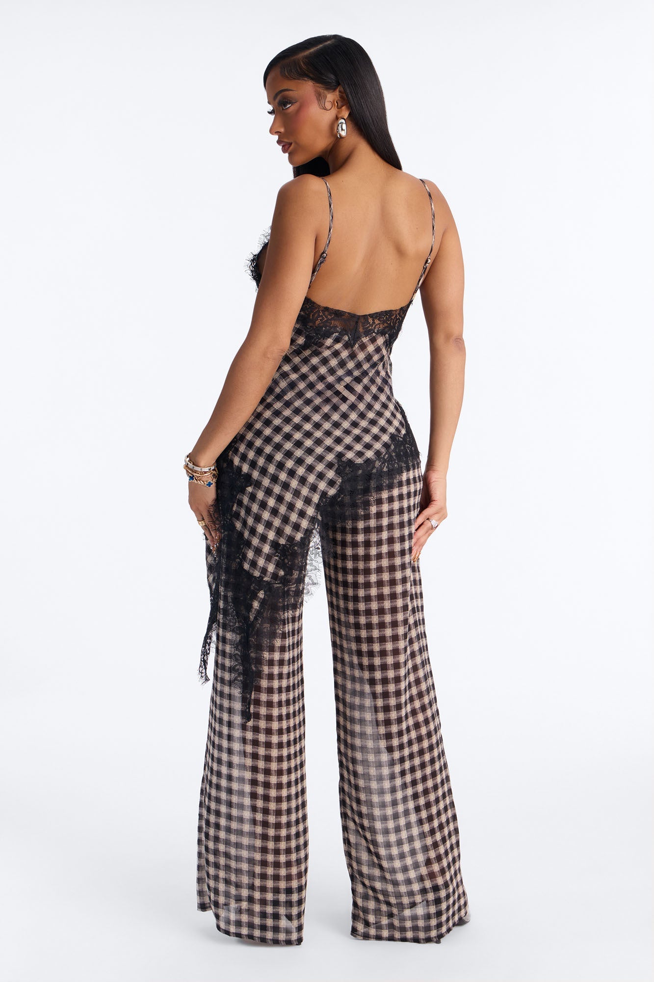 Janet Checkered Lace Trim Pant Set - Black/combo