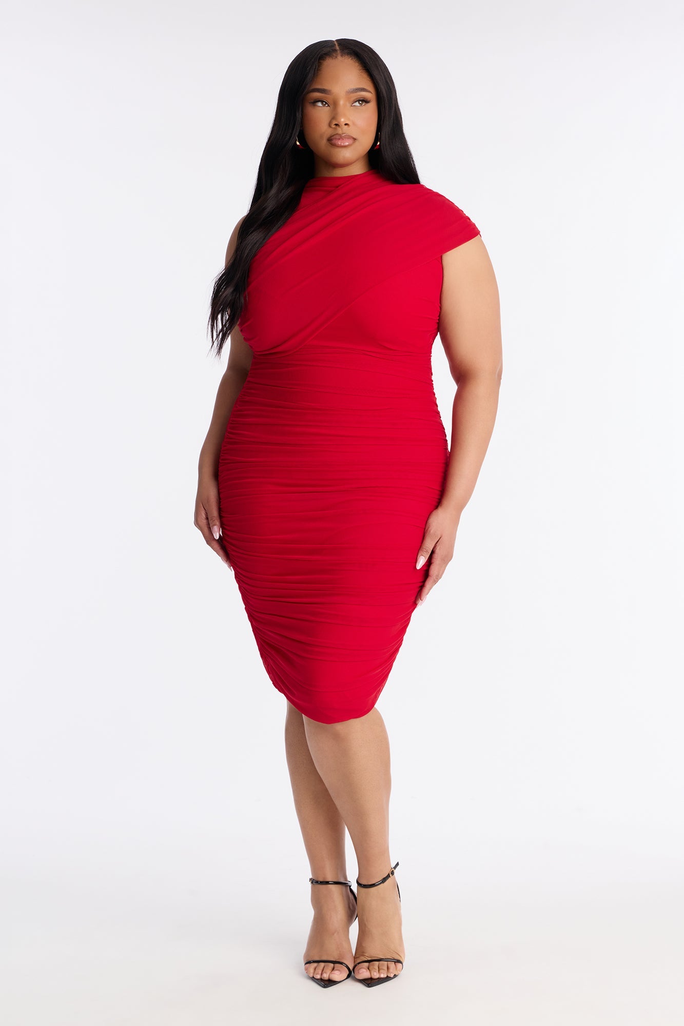 Diya Draped Mesh Midi Dress - Red