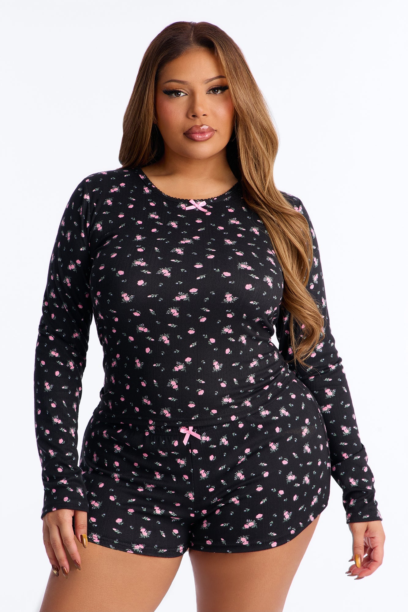 Dreamy Flowers Pointelle Long Sleeve PJ Short Set - Black/Pink