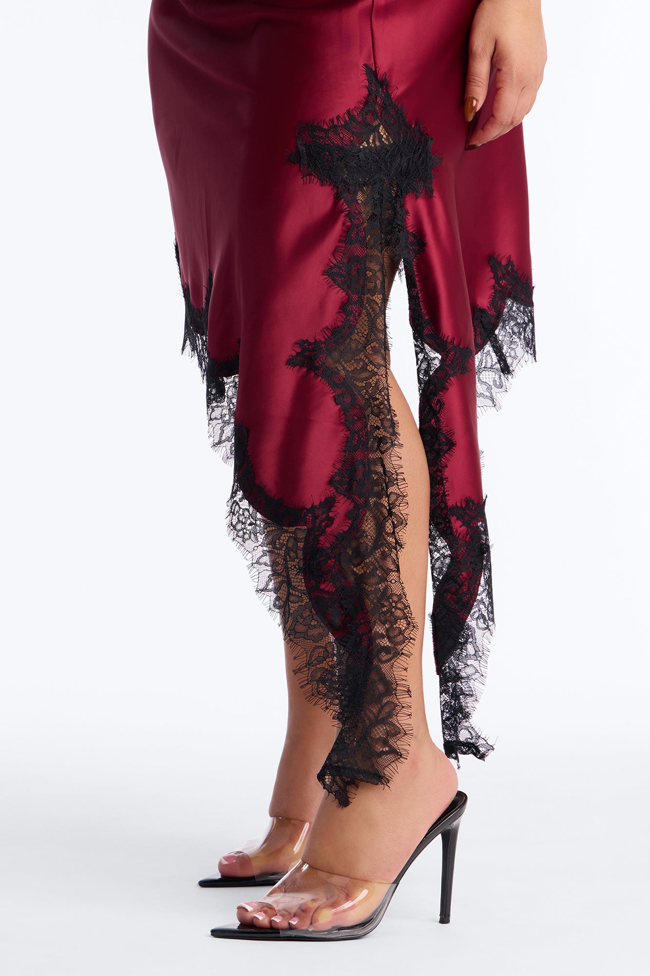Juliette Asymmetrical Lace Trim Satin Midi Skirt - Wine