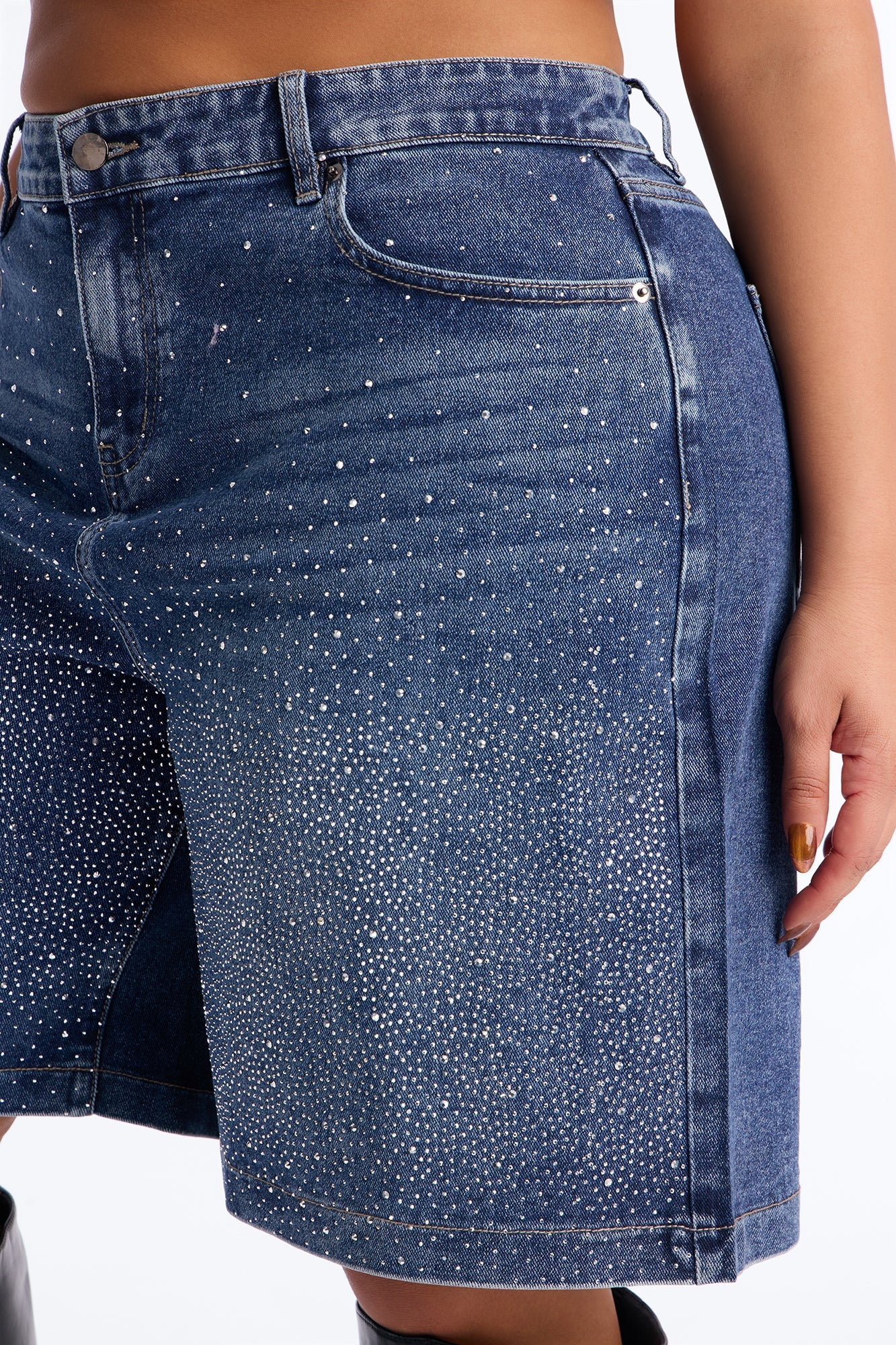 Fancy Pants Embellished Rhinestones Denim Shorts - Dark Wash