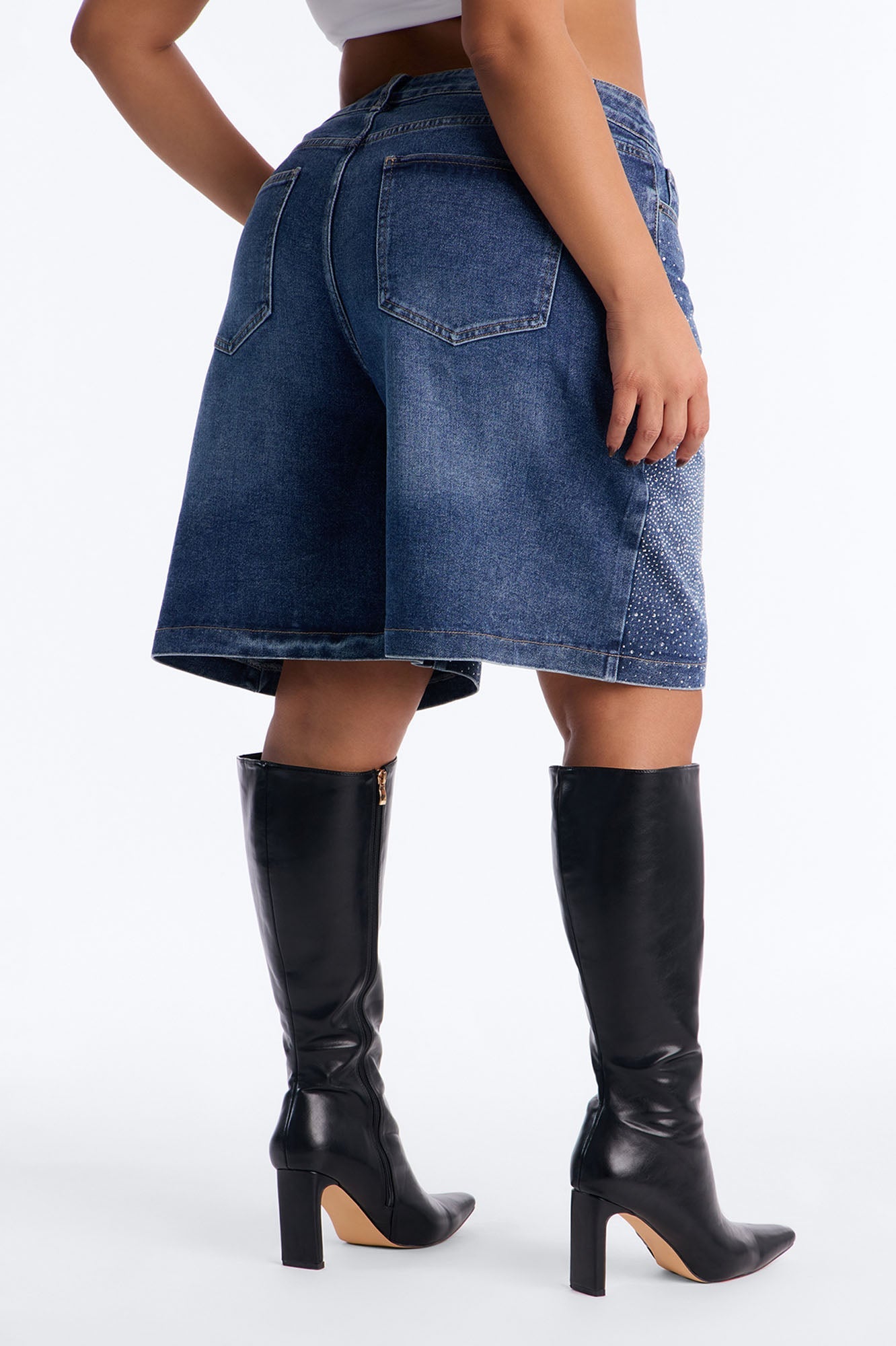 Fancy Pants Embellished Rhinestones Denim Shorts - Dark Wash