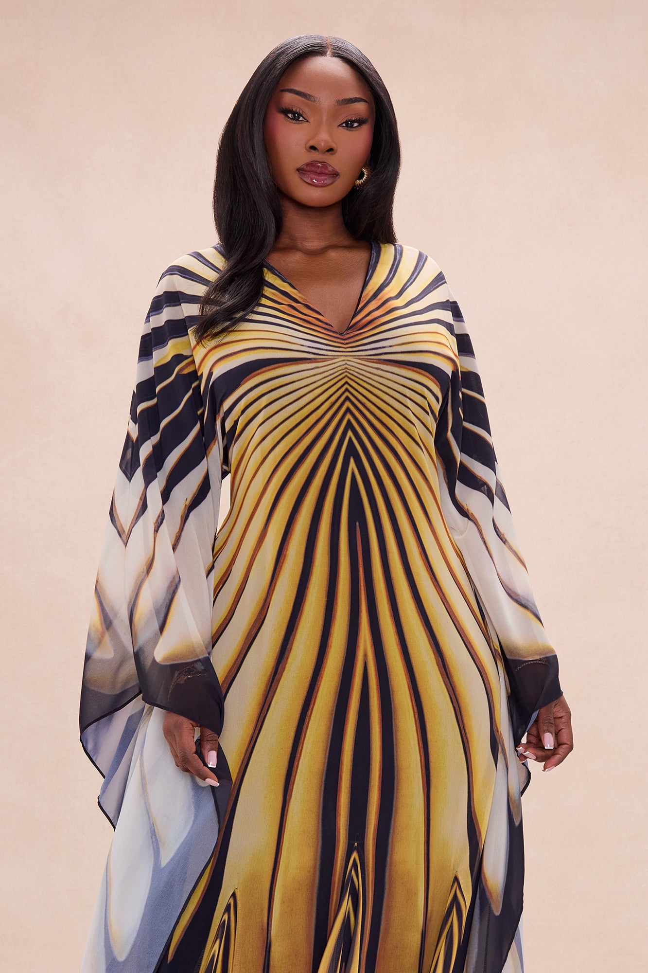 Soleil Bell Sleeve Chiffon Maxi Dress - Yellow/combo