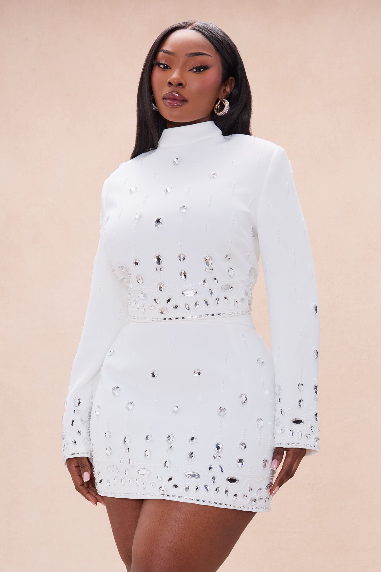 Draya Rhinestone Embellished Skirt Set - White