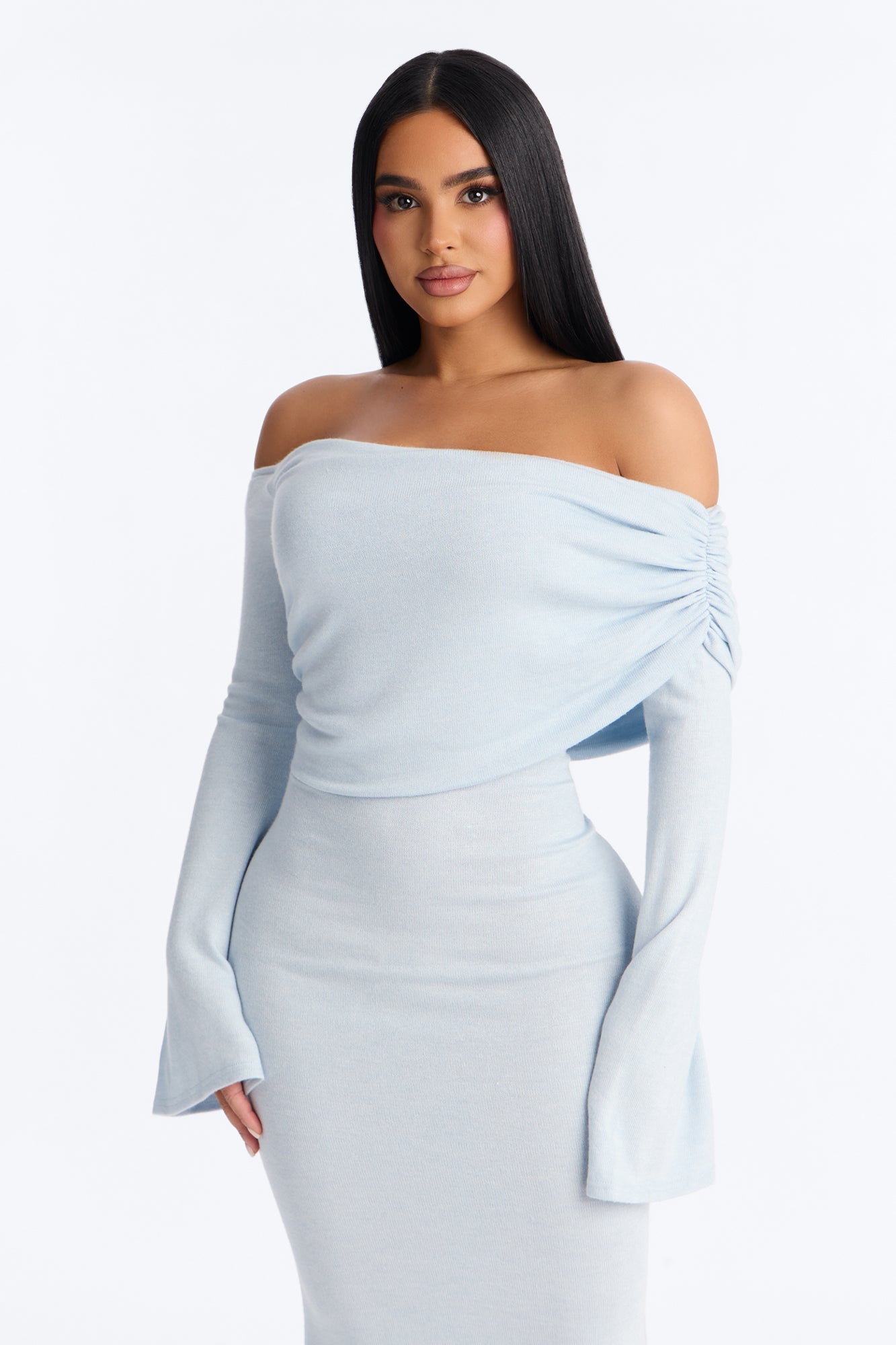 Effortless Vibe Off Shoulder Sweater Maxi Dress - Light Blue