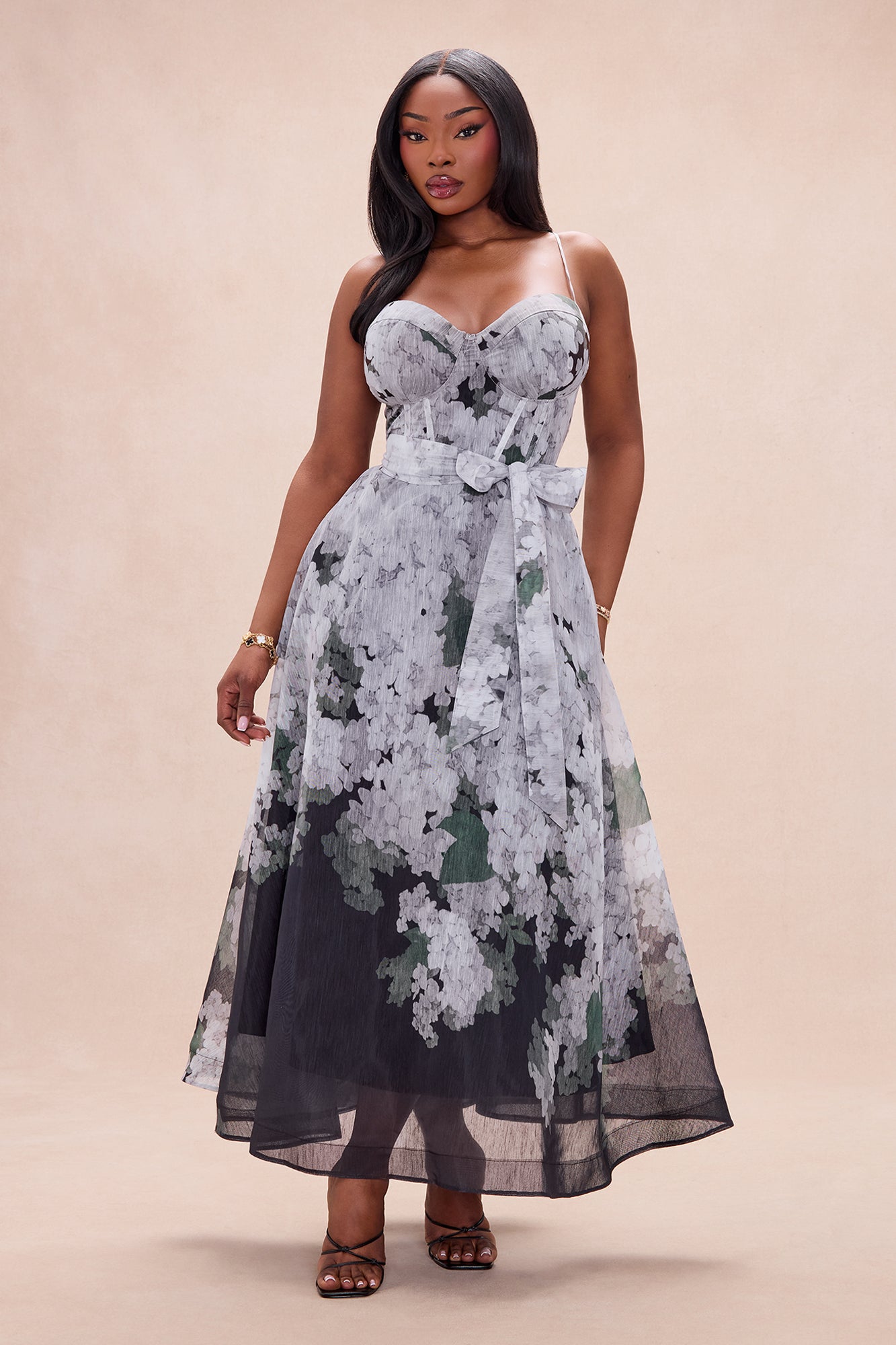Annabeth Corset Waist Organza Maxi Dress - Grey/combo