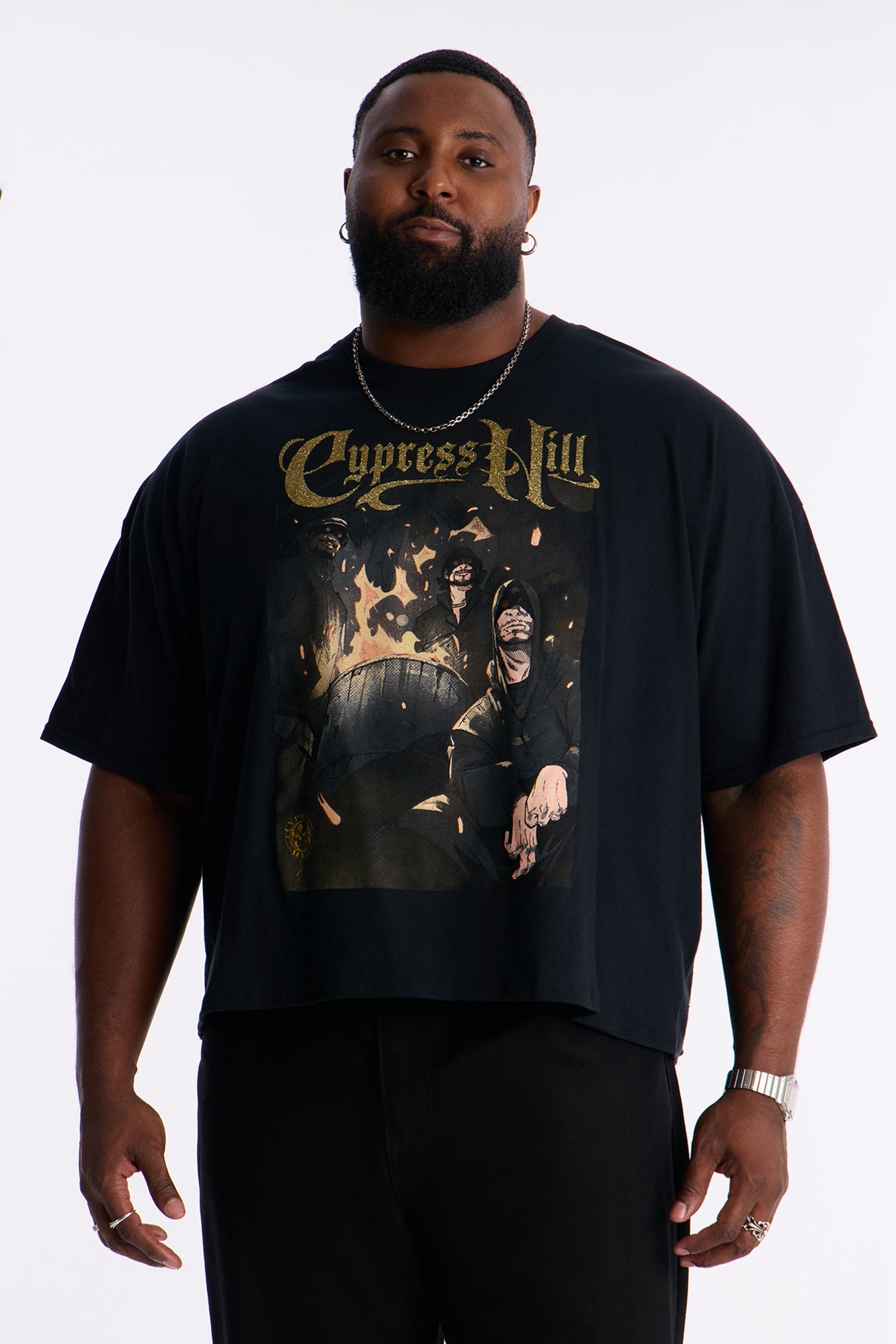 Cypress Hill Glitter Print Boxy Short Sleeve Tee - Black