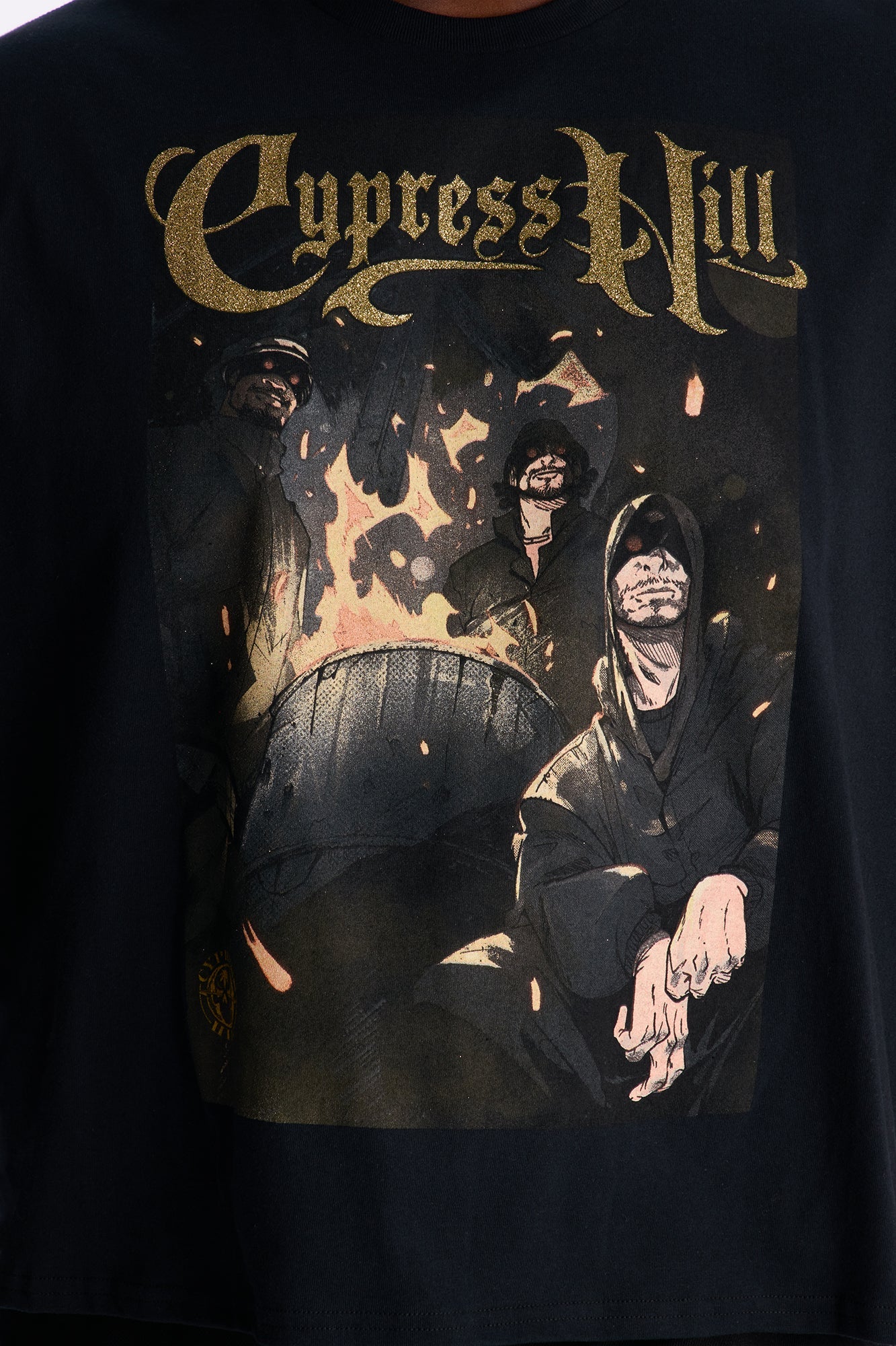 Cypress Hill Glitter Print Boxy Short Sleeve Tee - Black