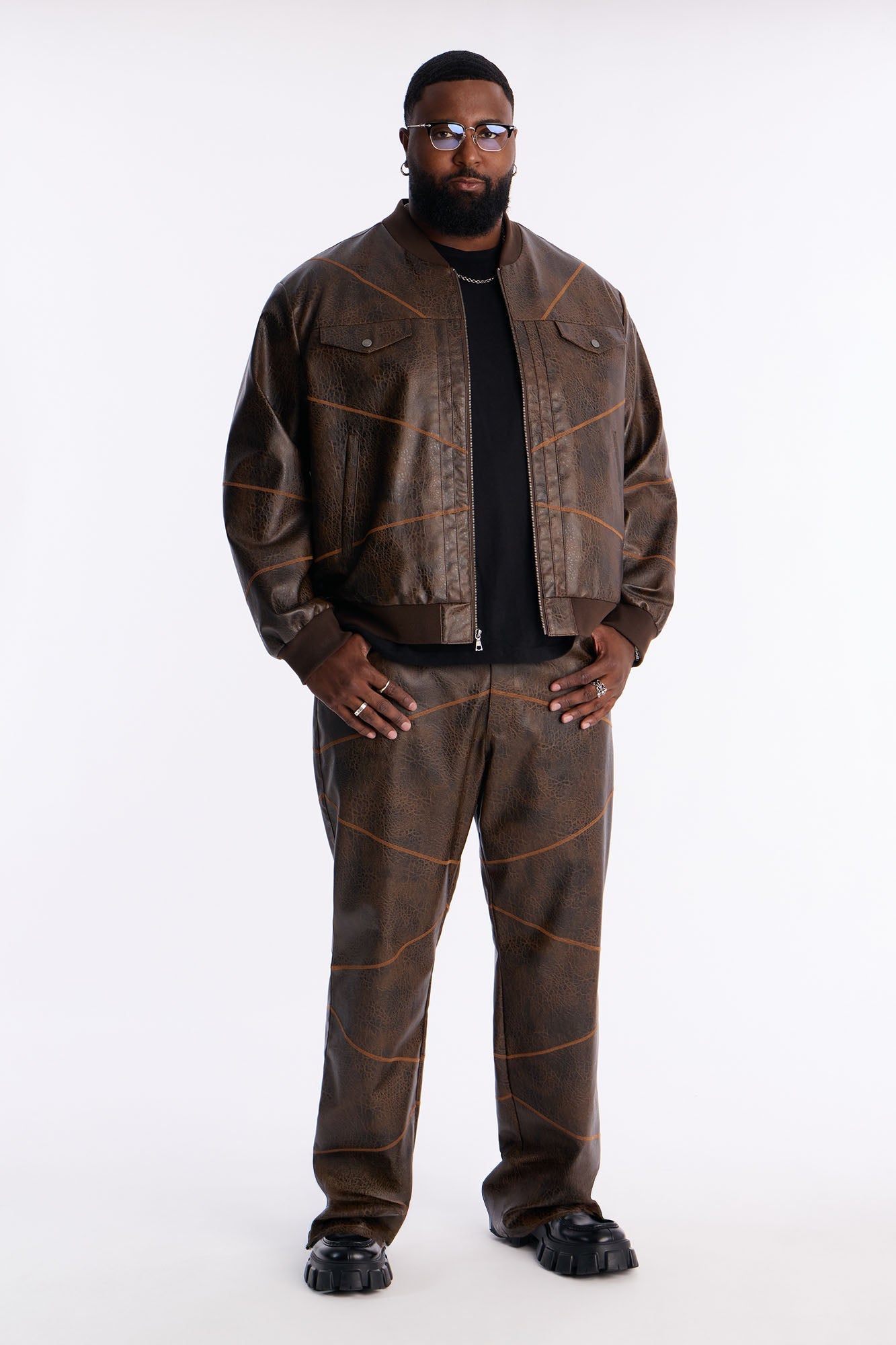 Straight Vintage Chainstitch Faux Leather Pant - Brown