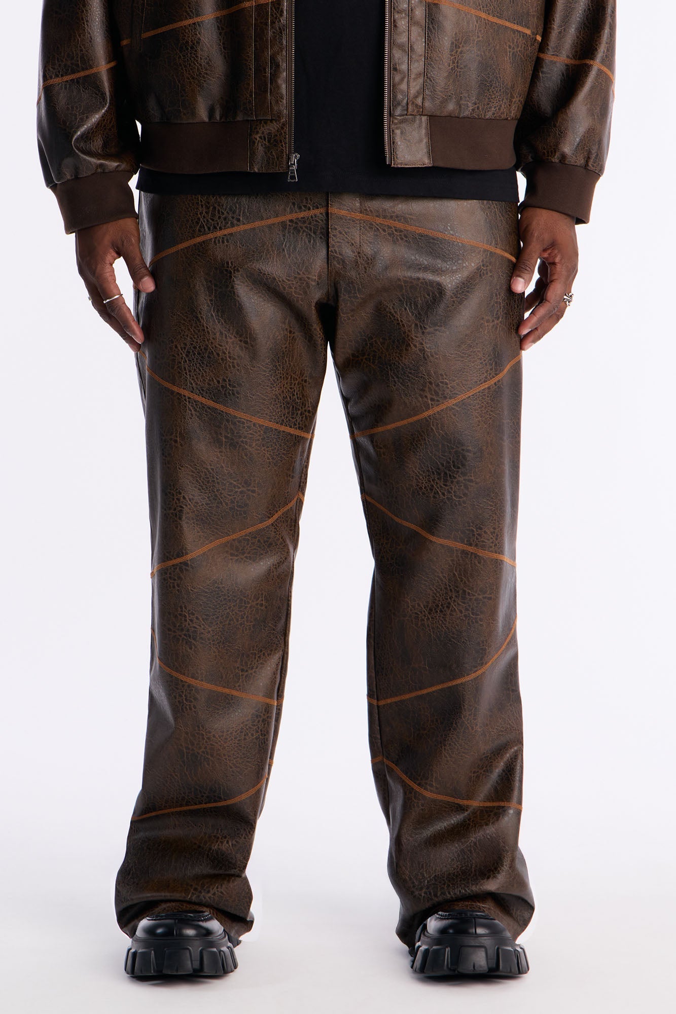 Straight Vintage Chainstitch Faux Leather Pant - Brown