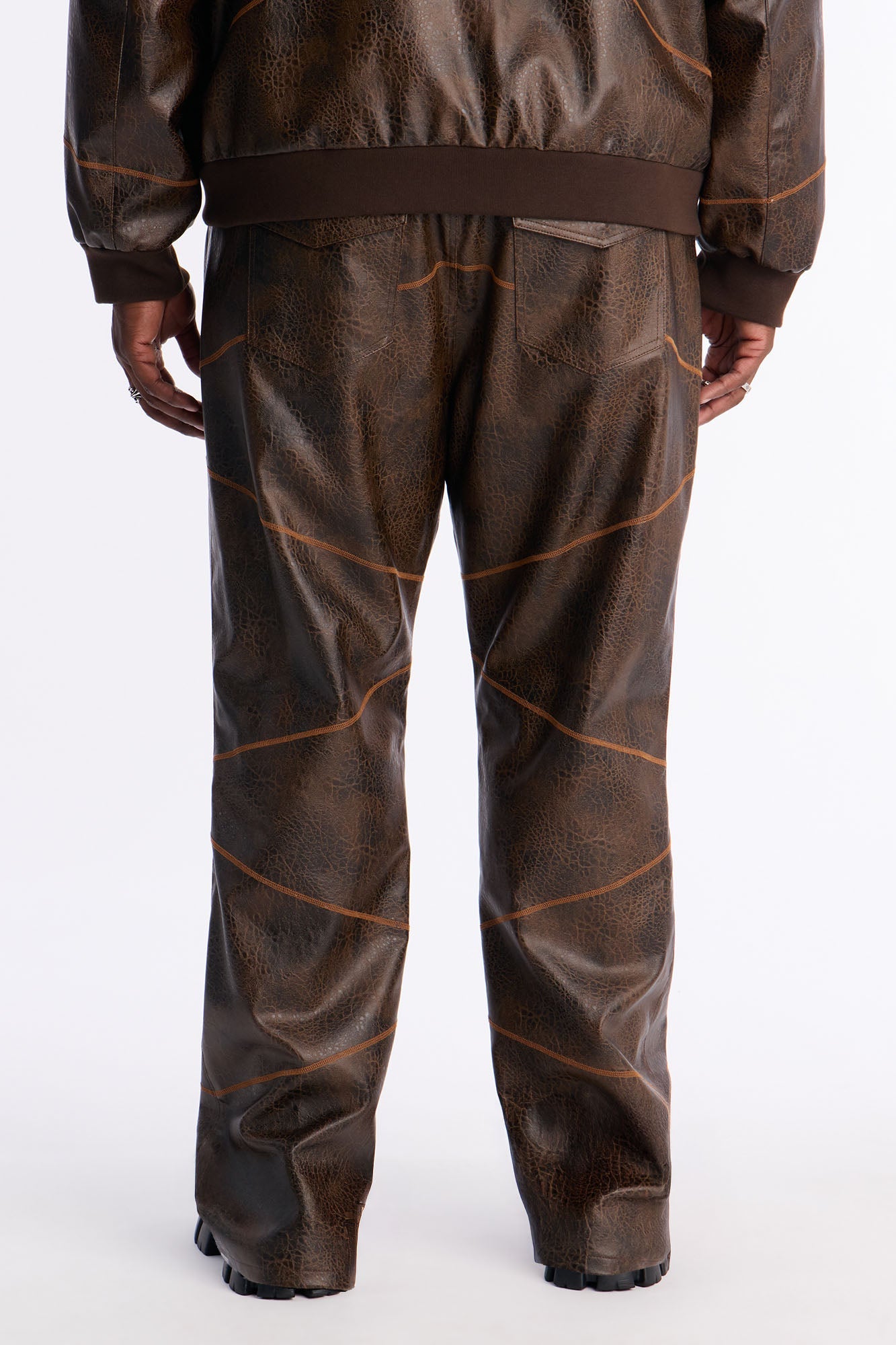 Straight Vintage Chainstitch Faux Leather Pant - Brown